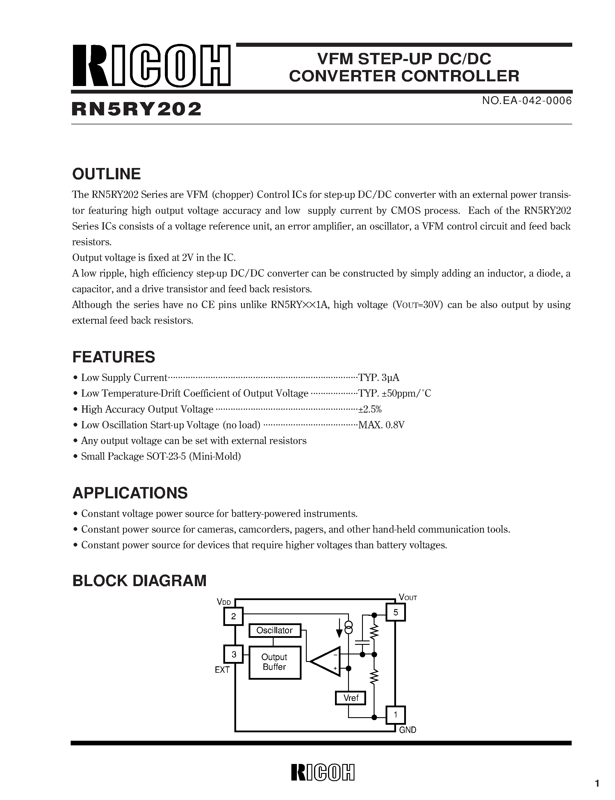 Datasheet RN5RY202A-TR page 1 Datasheet RN5RY202A-TR - VFM STEP-UP DC/DC CONVERTER CONTROLLER page 1