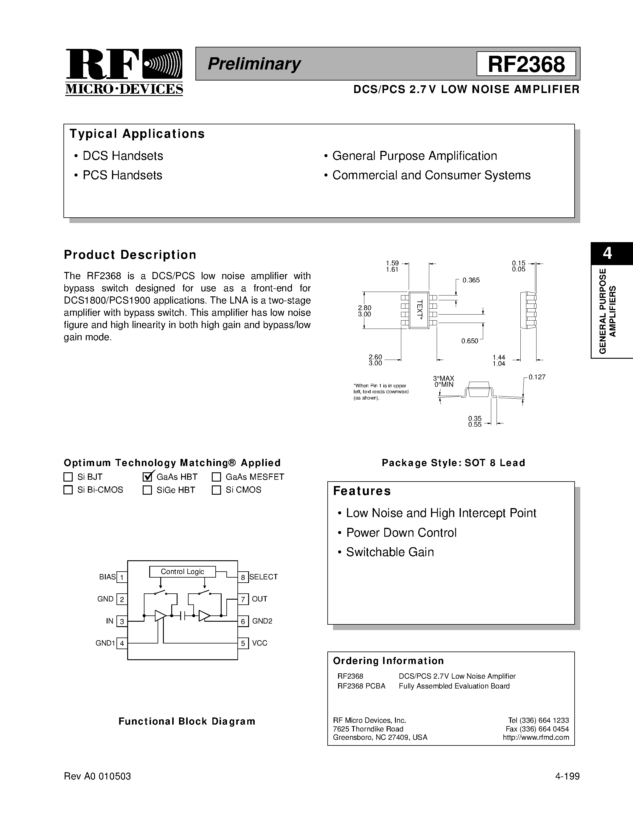 Datasheet RF2368 - DCS/PCS 2.7V LOW NOISE AMPLIFIER page 1