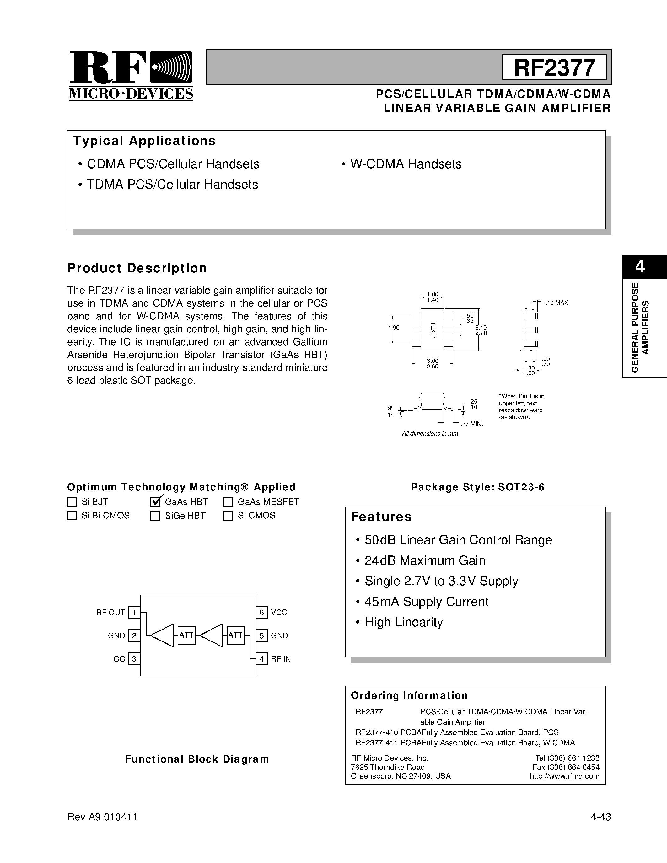 Даташит RF2377 - PCS/CELLULAR TDMA/CDMA/W-CDMA LINEAR VARIABLE GAIN AMPLIFIER страница 1