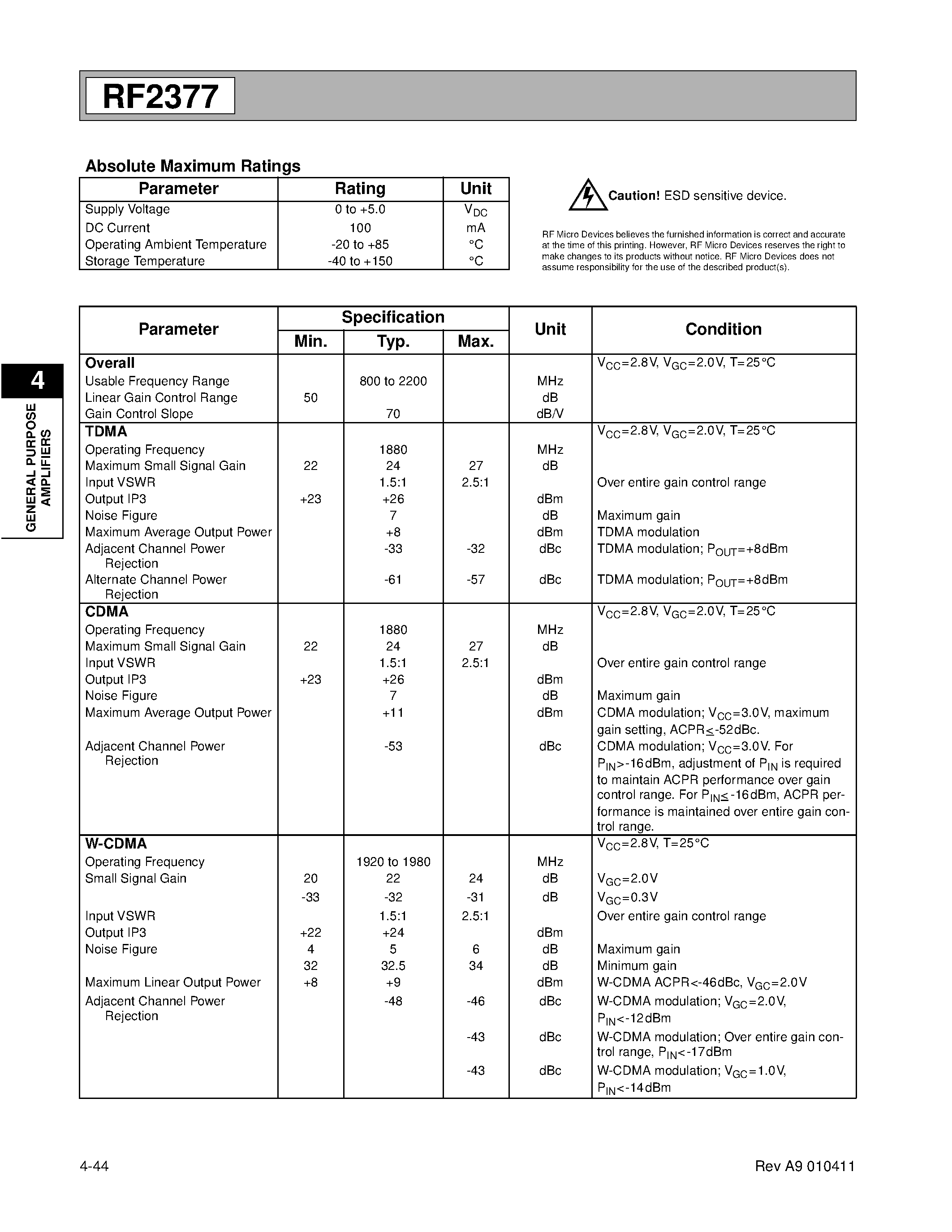 Даташит RF2377-411PCBA - PCS/CELLULAR TDMA/CDMA/W-CDMA LINEAR VARIABLE GAIN AMPLIFIER страница 2