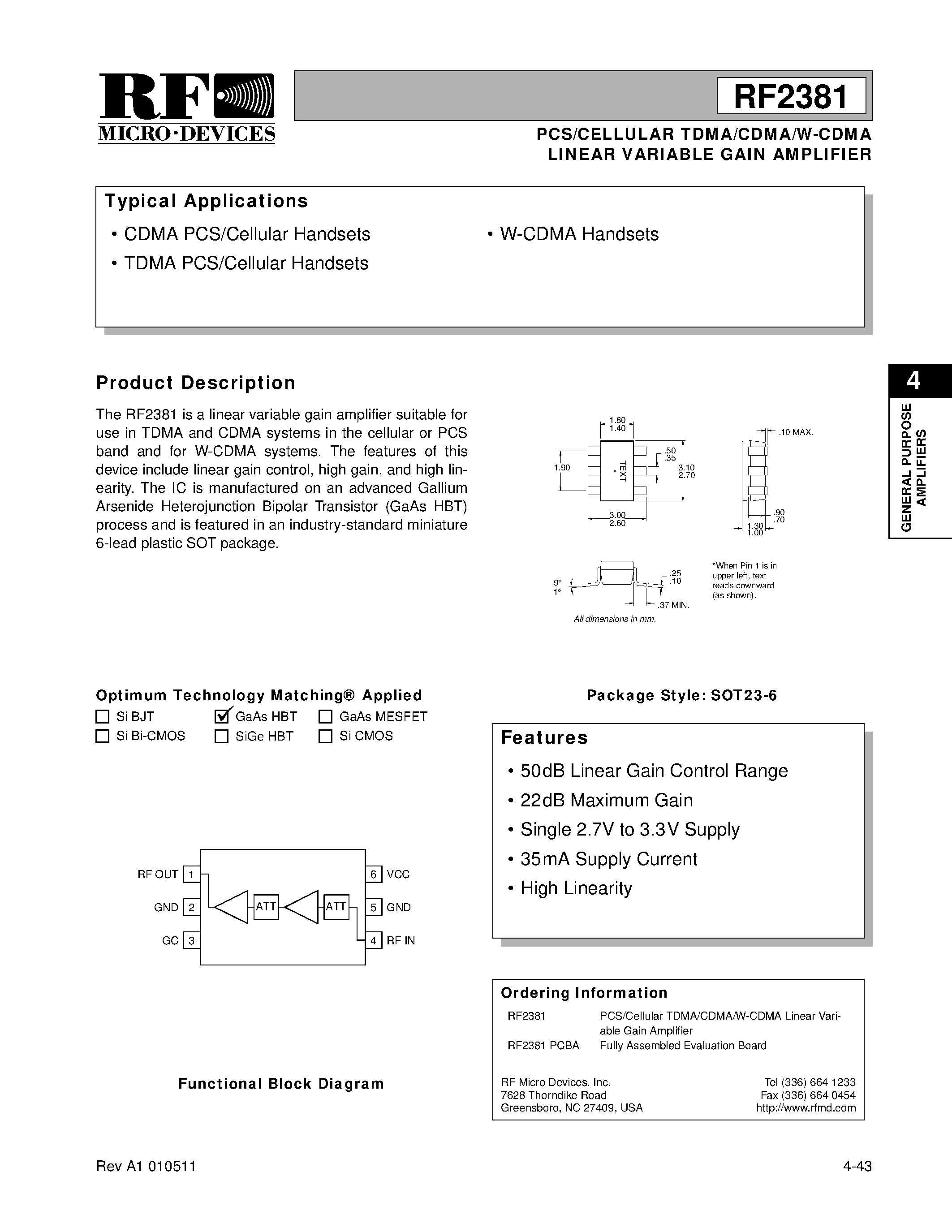 Datasheet RF2381PCBA - PCS/CELLULAR TDMA/CDMA/W-CDMA LINEAR VARIABLE GAIN AMPLIFIER page 1