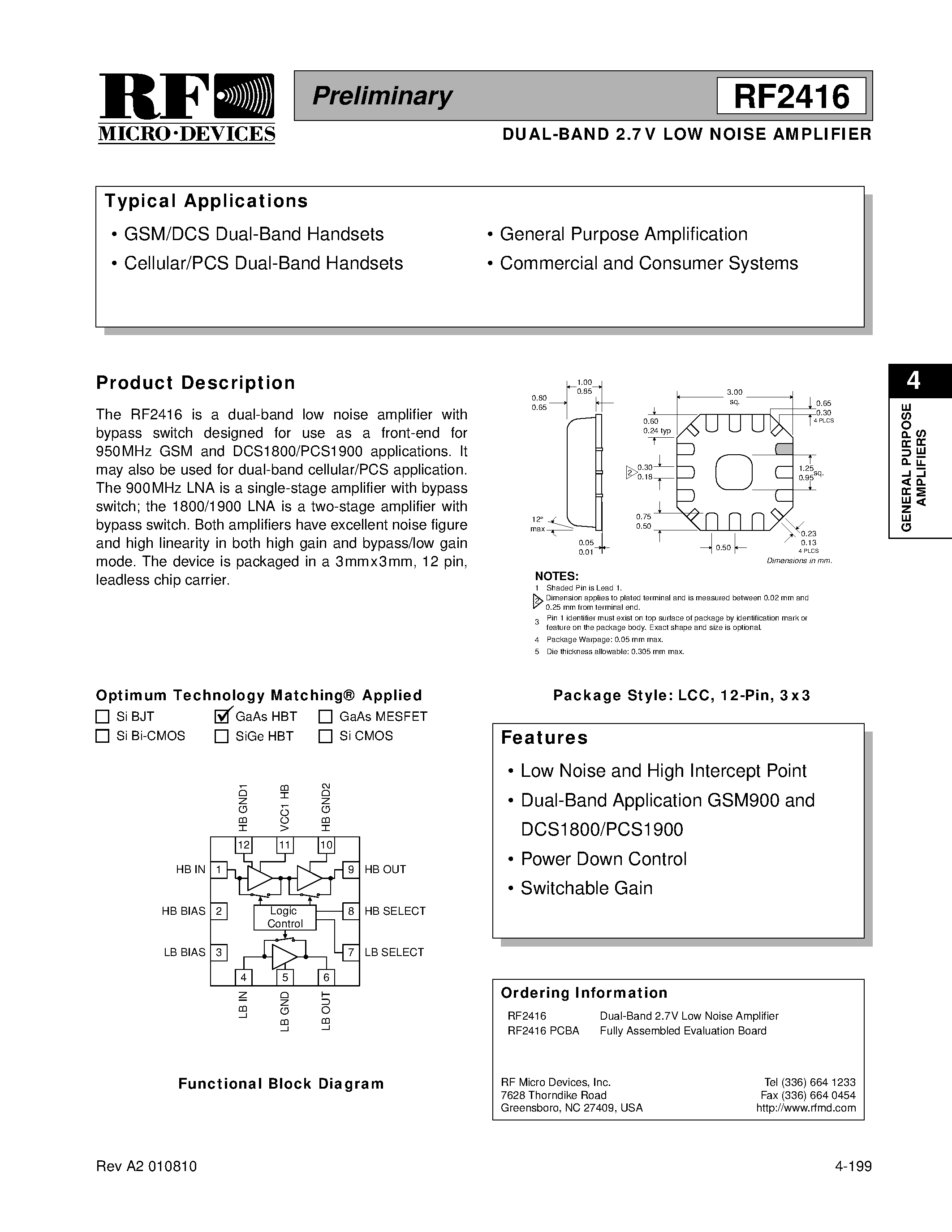 Datasheet RF2416 - DUAL-BAND 2.7V LOW NOISE AMPLIFIER page 1