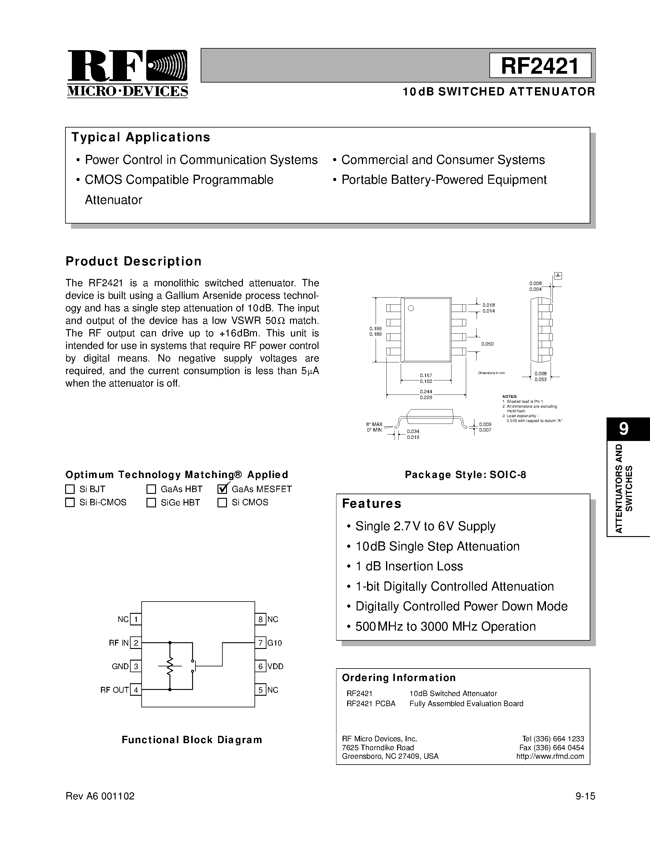 Datasheet RF2421PCBA - 10dB SWITCHED ATTENUATOR page 1