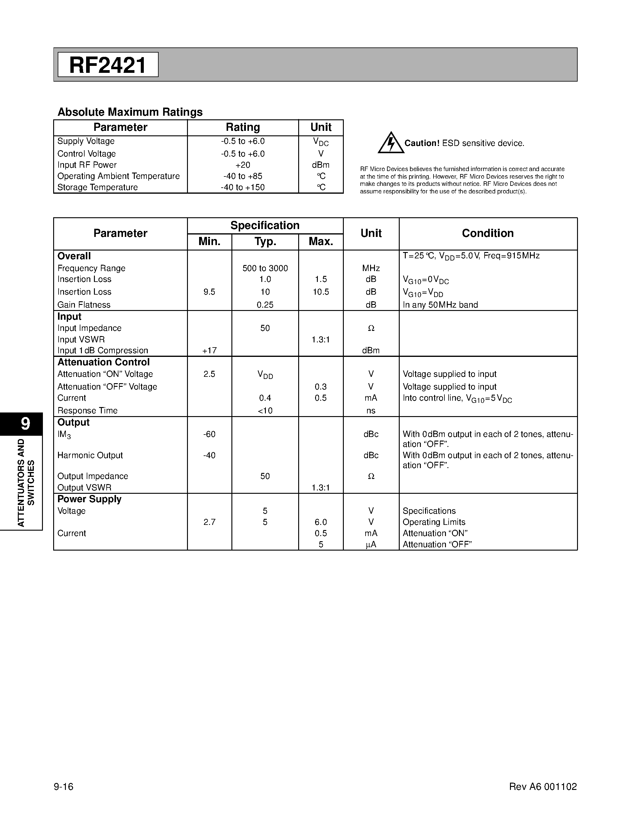 Datasheet RF2421PCBA - 10dB SWITCHED ATTENUATOR page 2