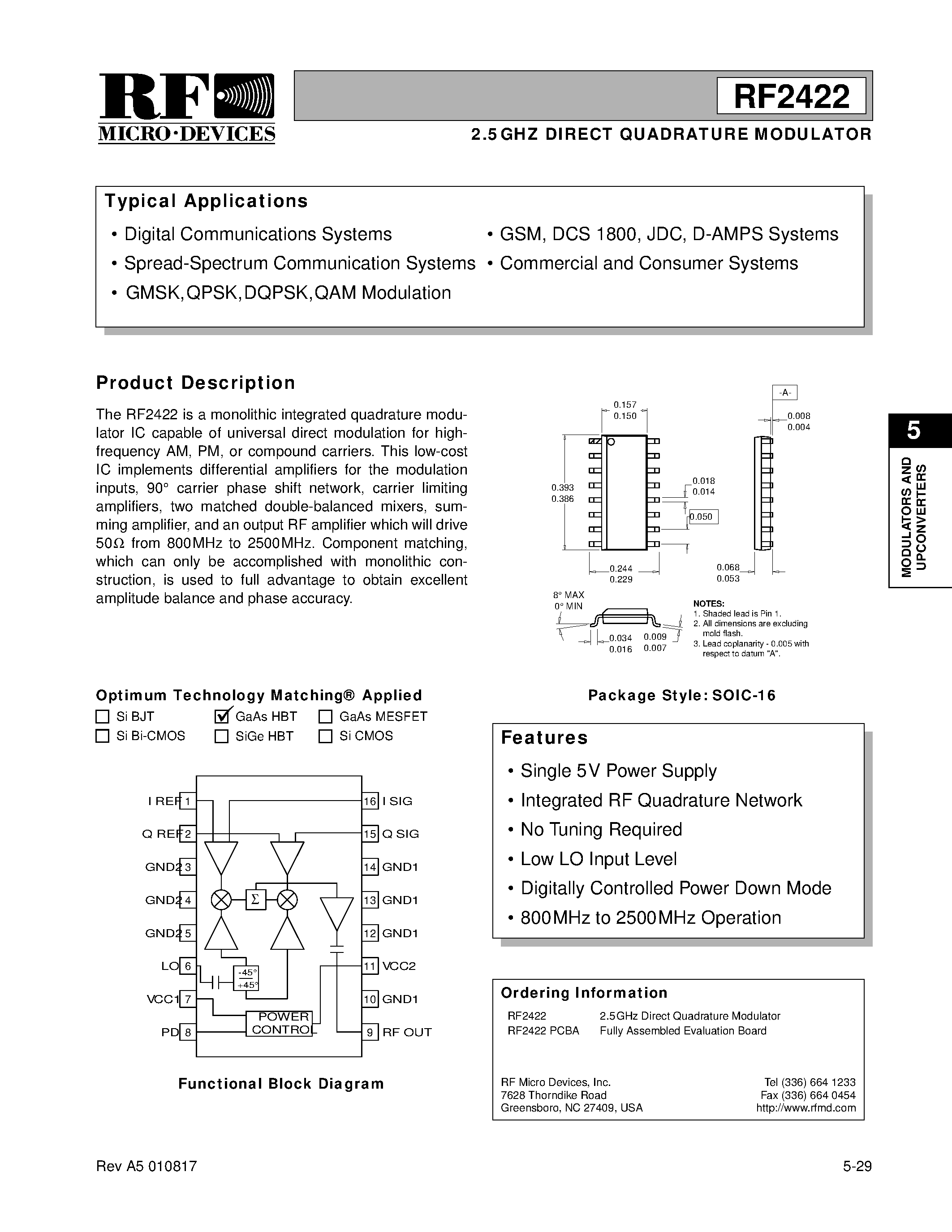 Datasheet RF2422 - 2.5GHZ DIRECT QUADRATURE MODULATOR page 1
