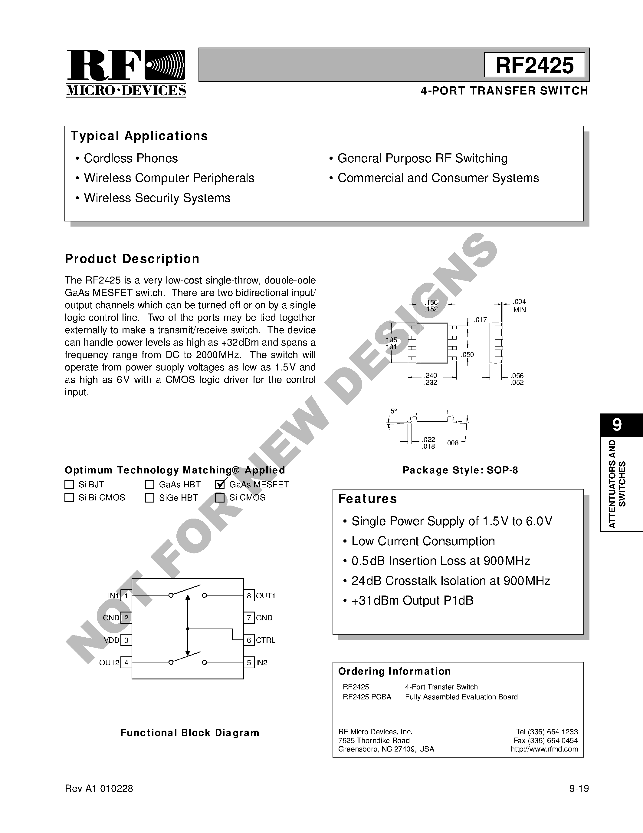 Даташит RF2425 - 4-PORT TRANSFER SWITCH страница 1