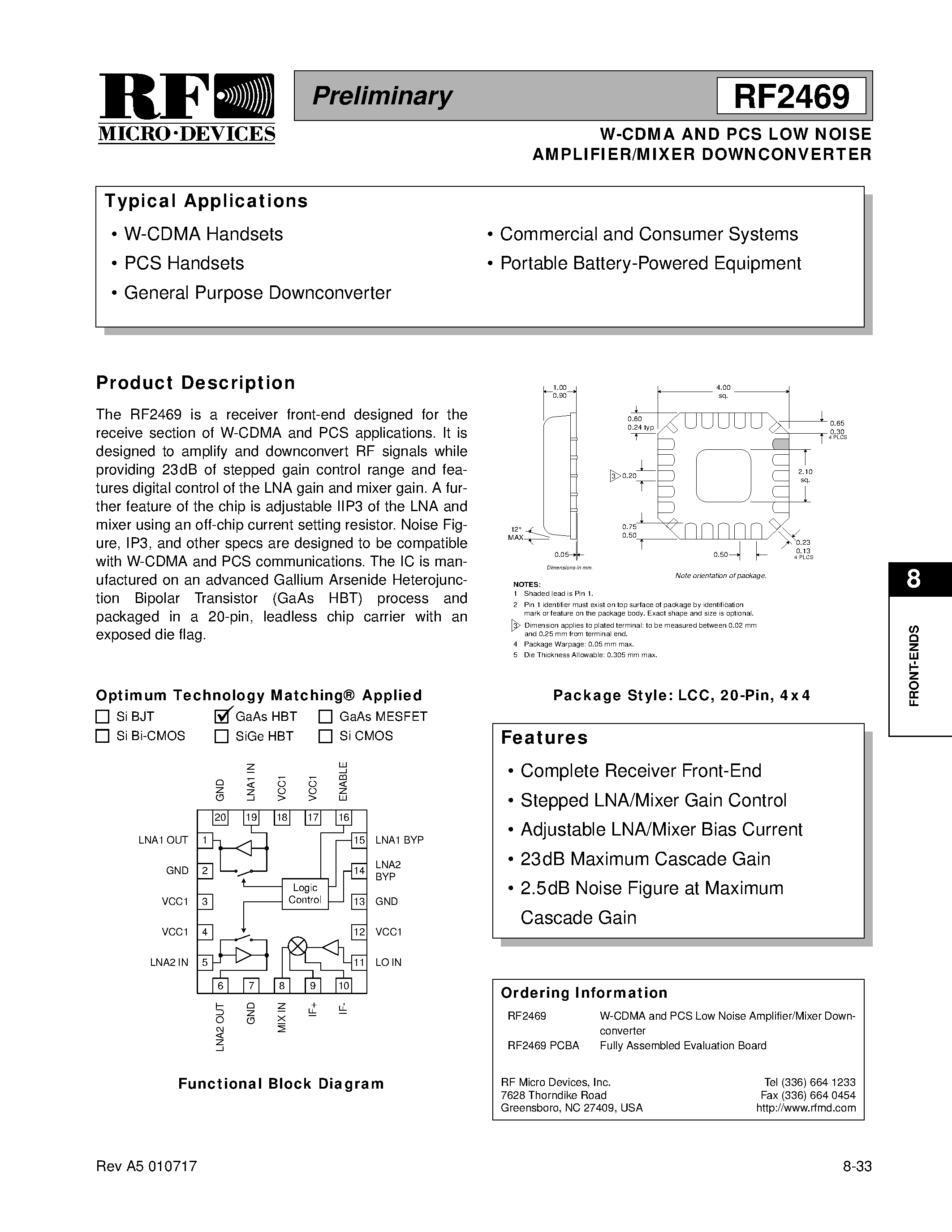 Даташит RF2469 - W-CDMA AND PCS LOW NOISE AMPLIFIER/MIXER DOWNCONVERTER страница 1