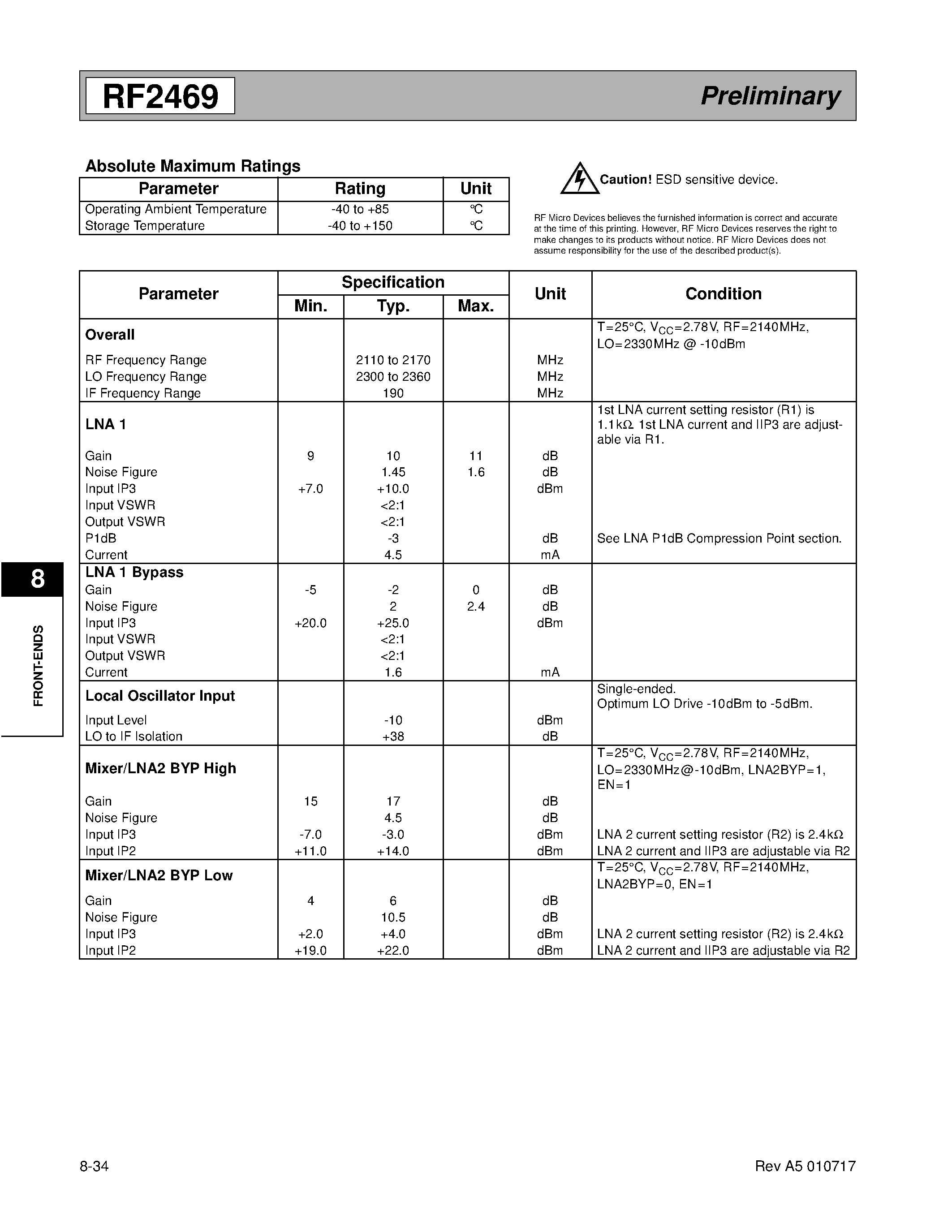Даташит RF2469 - W-CDMA AND PCS LOW NOISE AMPLIFIER/MIXER DOWNCONVERTER страница 2