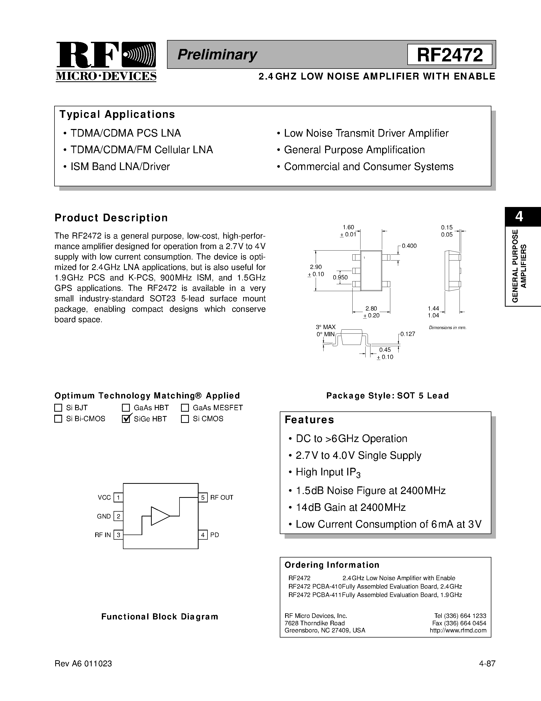 Datasheet RF2472 - 2.4GHZ LOW NOISE AMPLIFIER WITH ENABLE page 1
