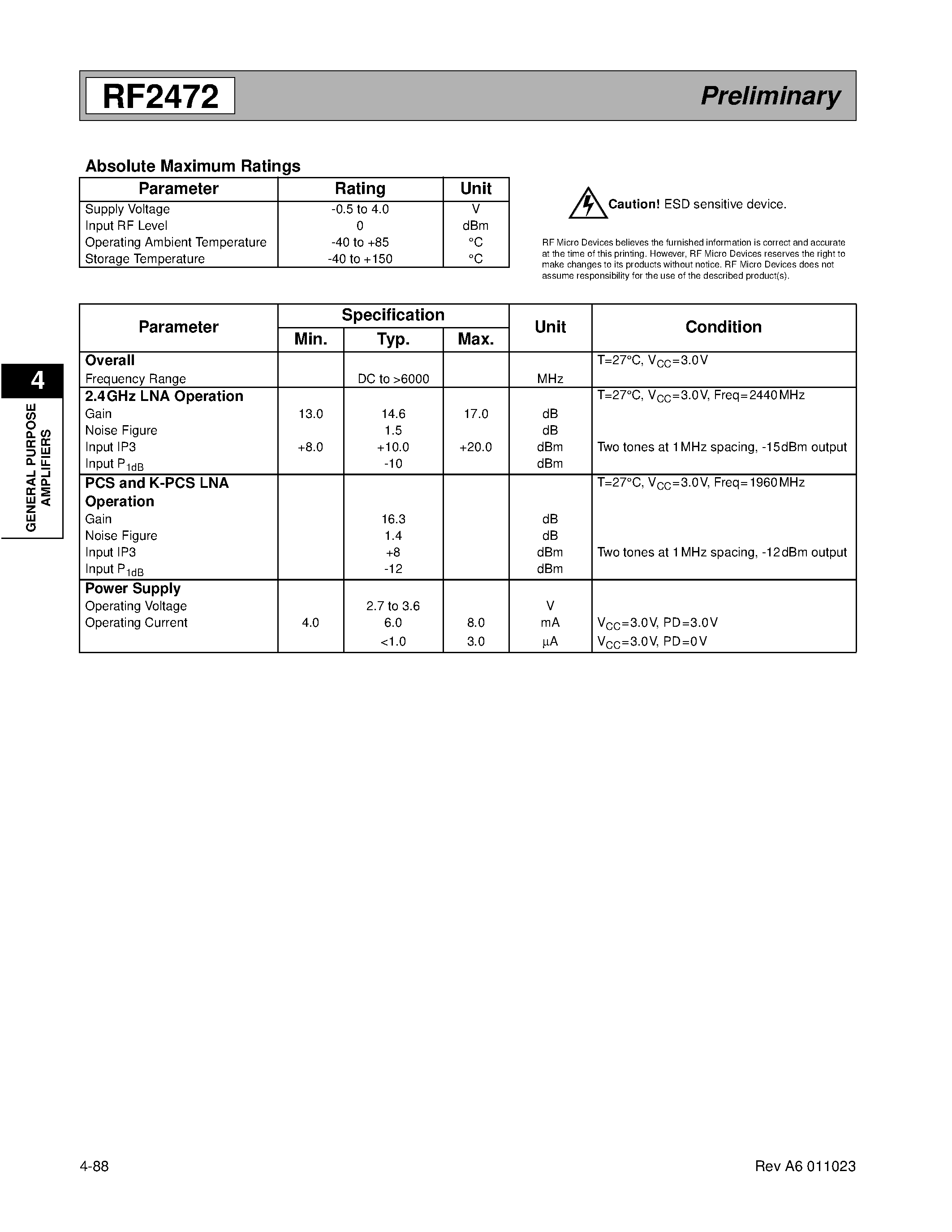 Datasheet RF2472 - 2.4GHZ LOW NOISE AMPLIFIER WITH ENABLE page 2