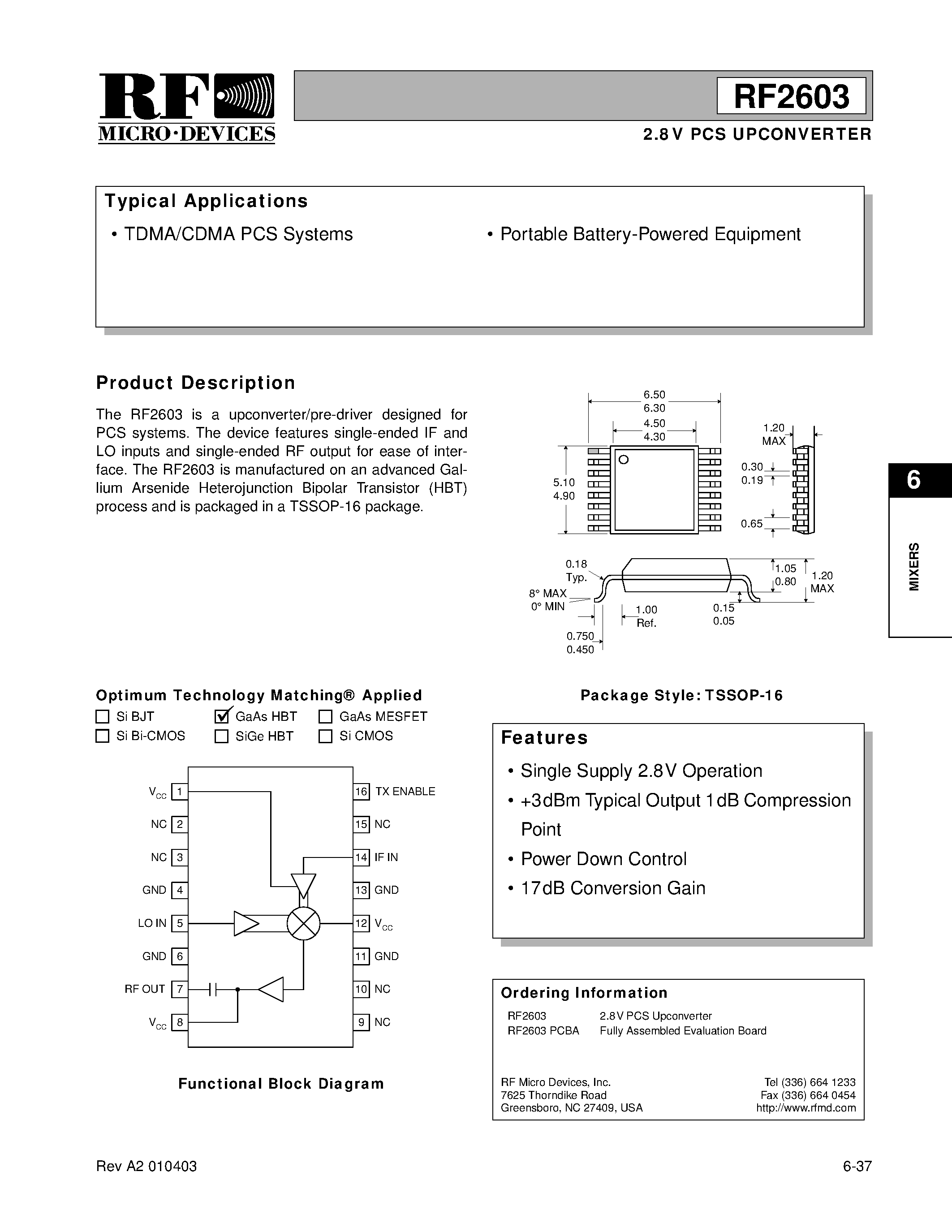 Datasheet RF2603 - 2.8V PCS UPCONVERTER page 1