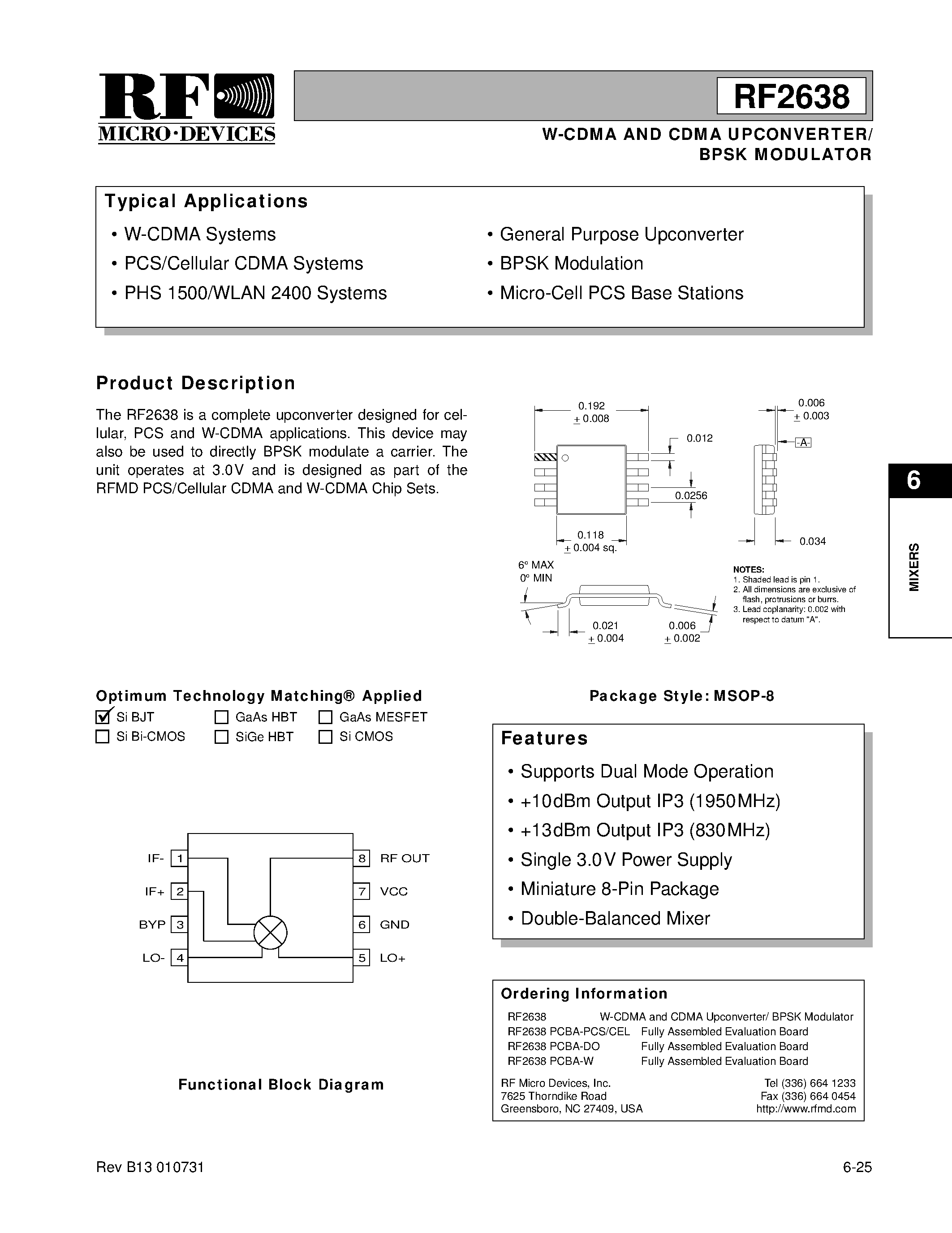 Даташит RF2638 - W-CDMA AND CDMA UPCONVERTER/ BPSK MODULATOR страница 1