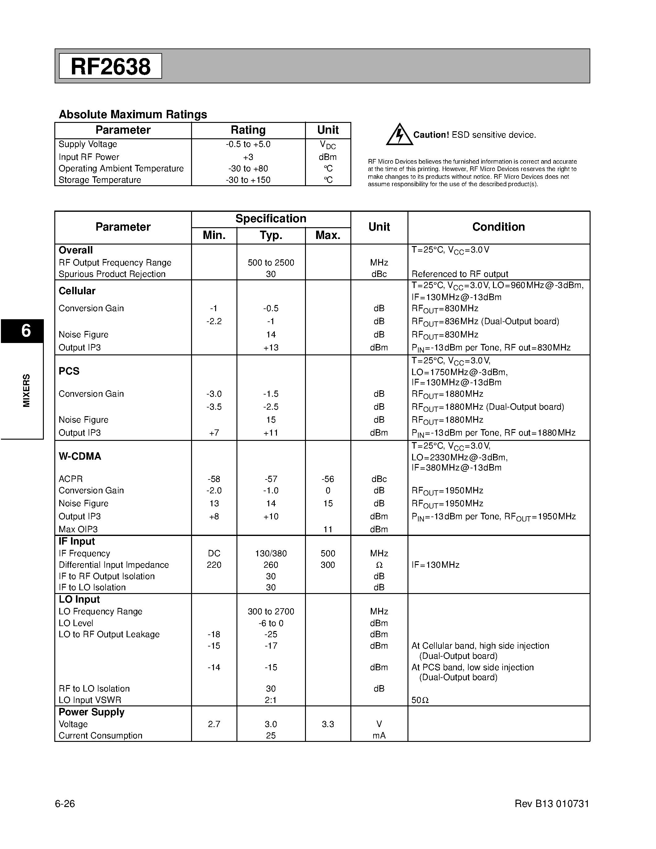 Даташит RF2638 - W-CDMA AND CDMA UPCONVERTER/ BPSK MODULATOR страница 2