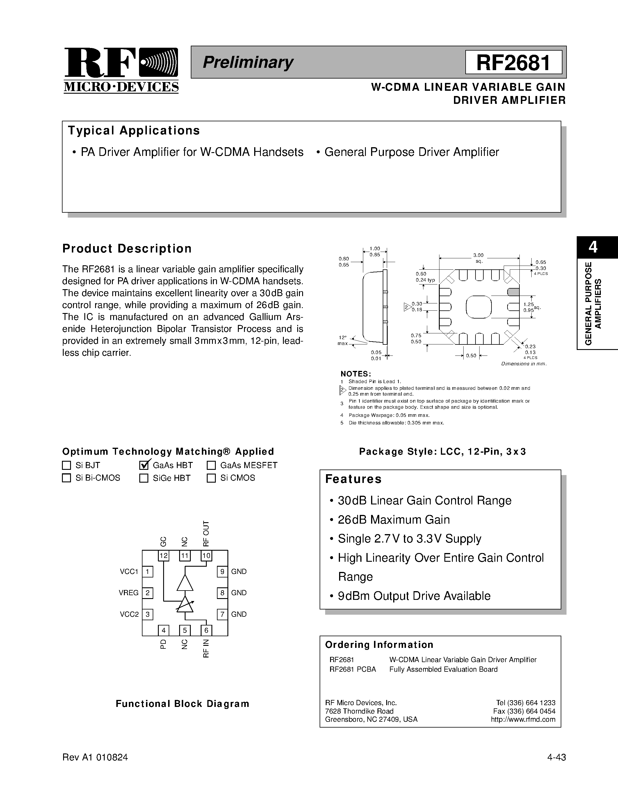Даташит RF2681 - W-CDMA LINEAR VARIABLE GAIN DRIVER AMPLIFIER страница 1
