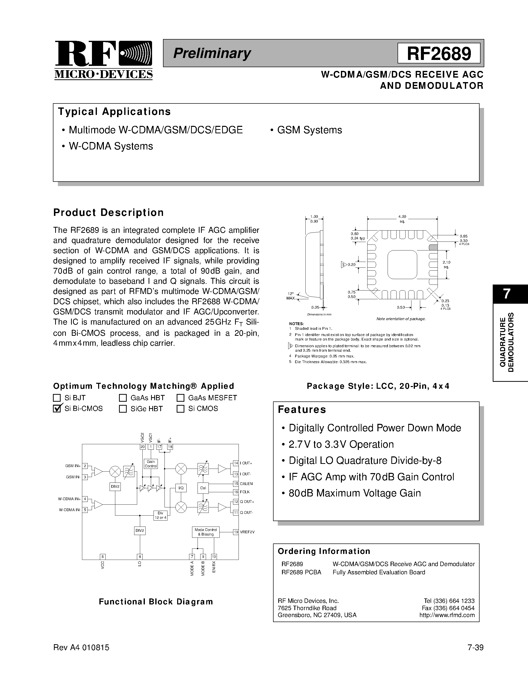 Даташит RF2689 - W-CDMA/GSM/DCS RECEIVE AGC AND DEMODULATOR страница 1