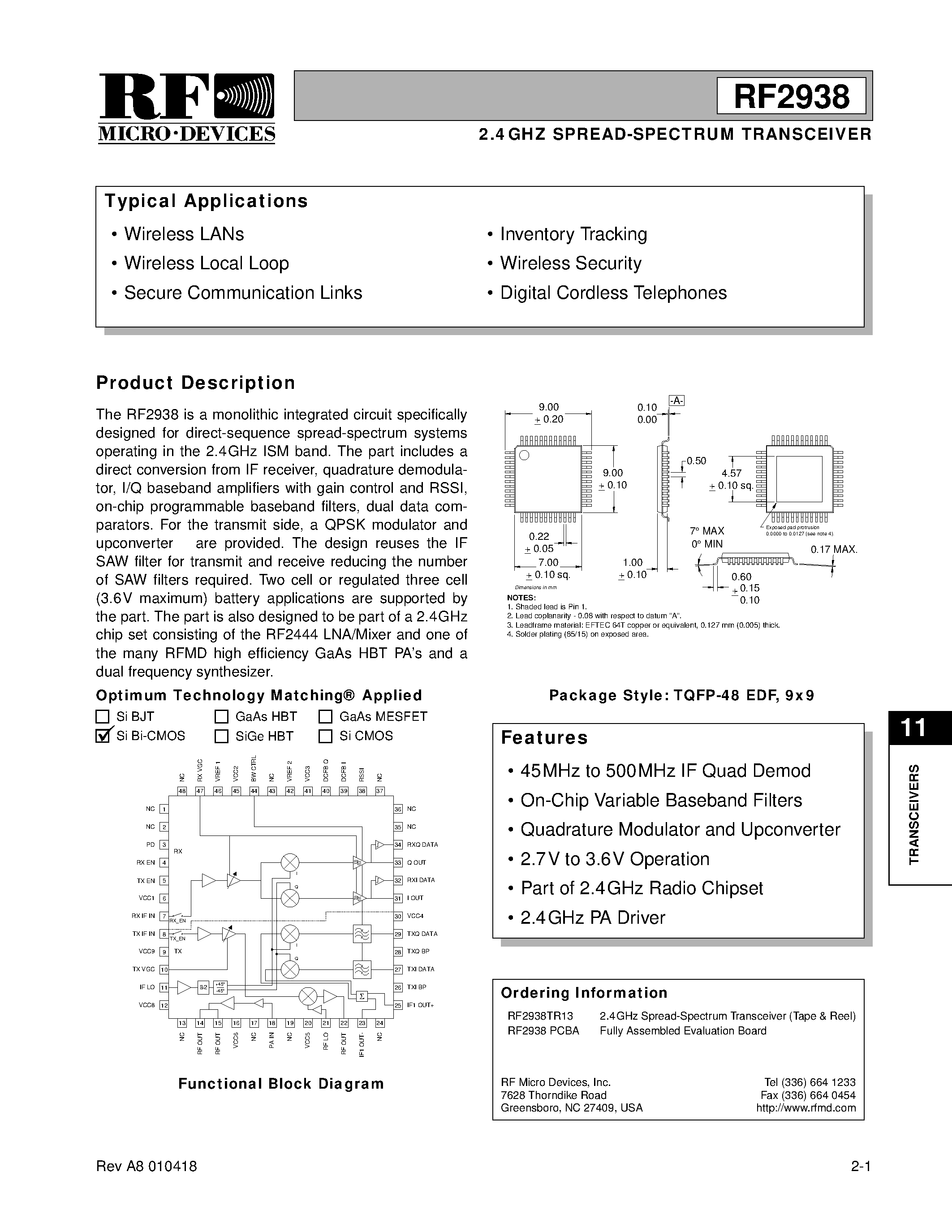 Datasheet RF2938 - 2.4GHZ SPREAD-SPECTRUM TRANSCEIVER page 1