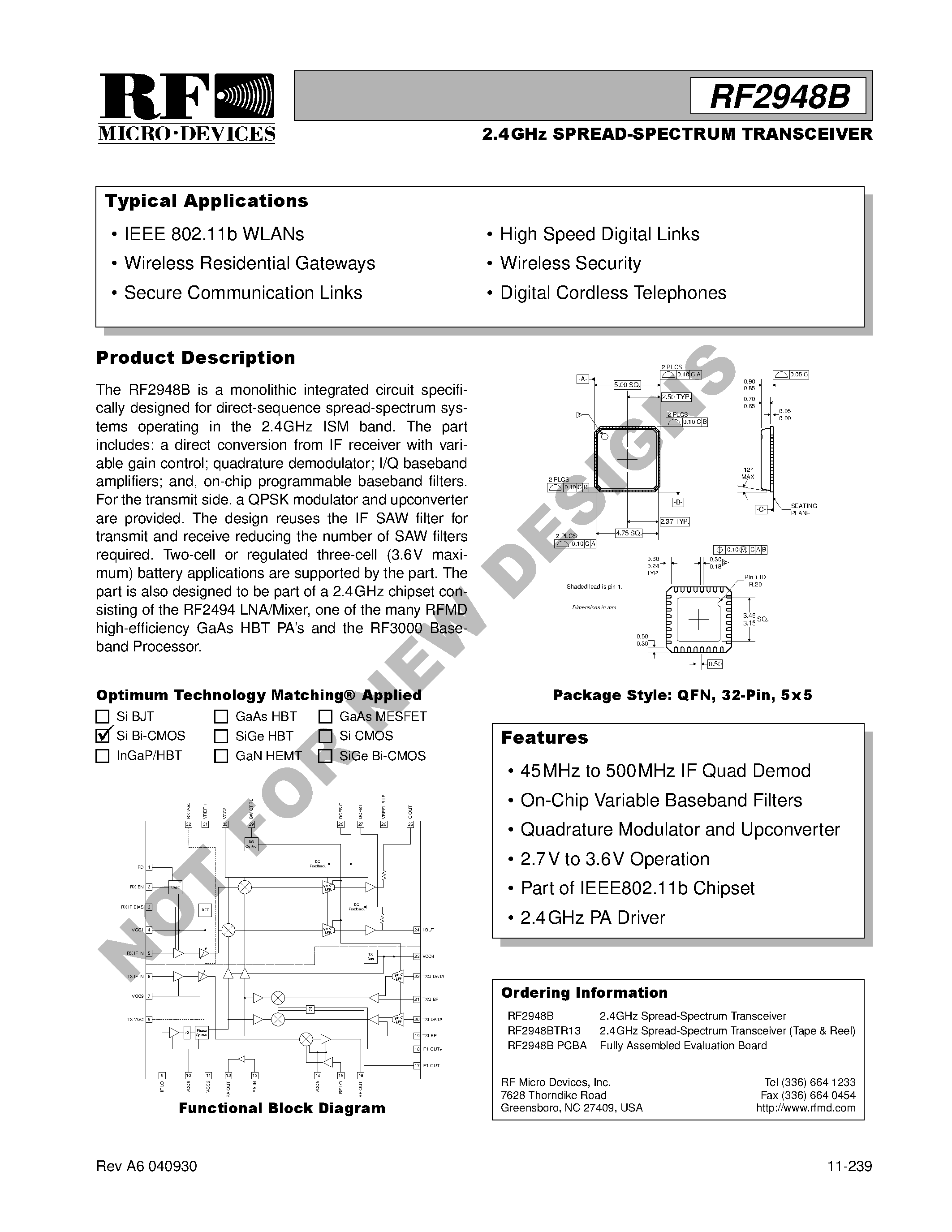 Datasheet RF2948BTR13 page 1 Datasheet RF2948BTR13 - 2.4GHz SPREAD-SPECTRUM TRANSCEIVER page 1