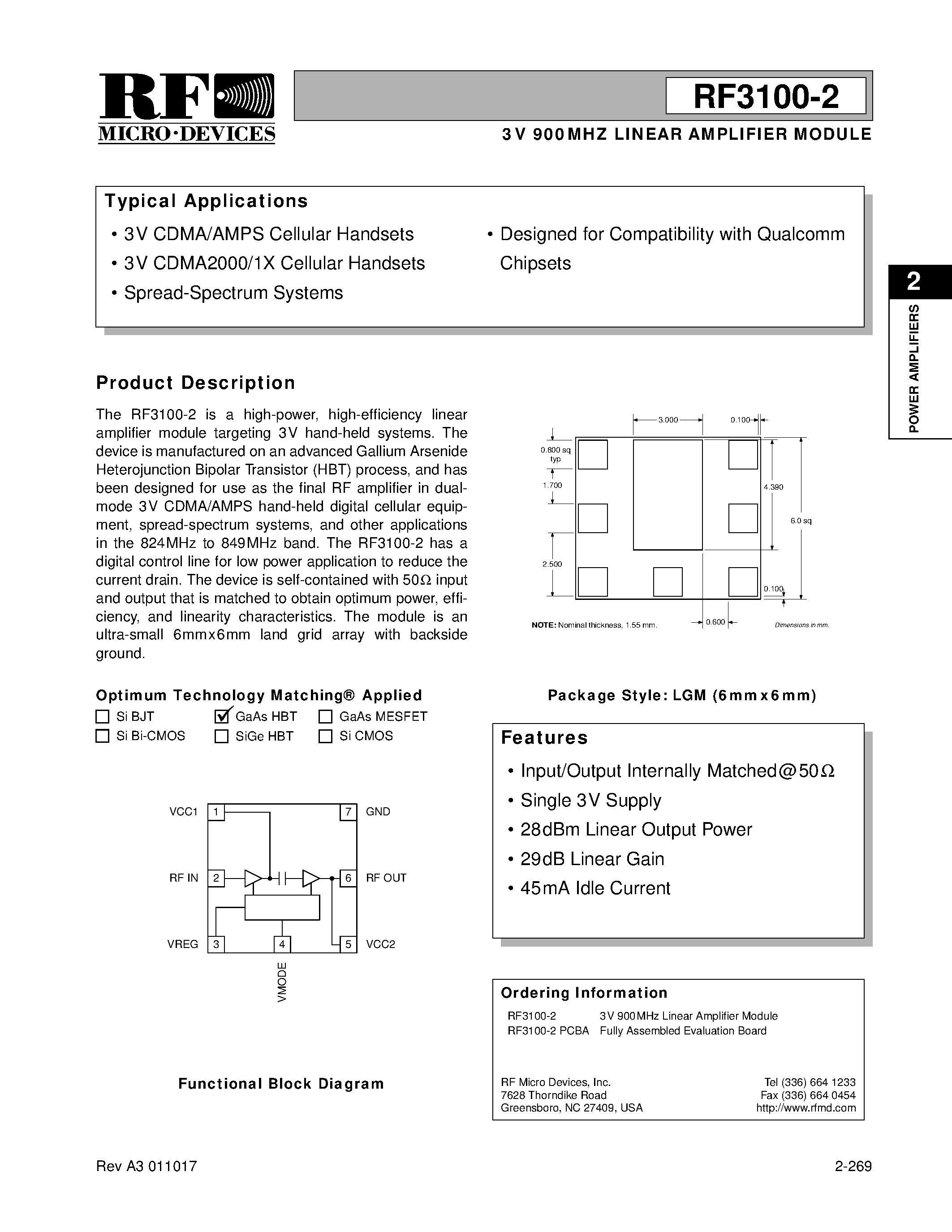 Datasheet RF3100-2 - 3V 900MHZ LINEAR AMPLIFIER MODULE page 1