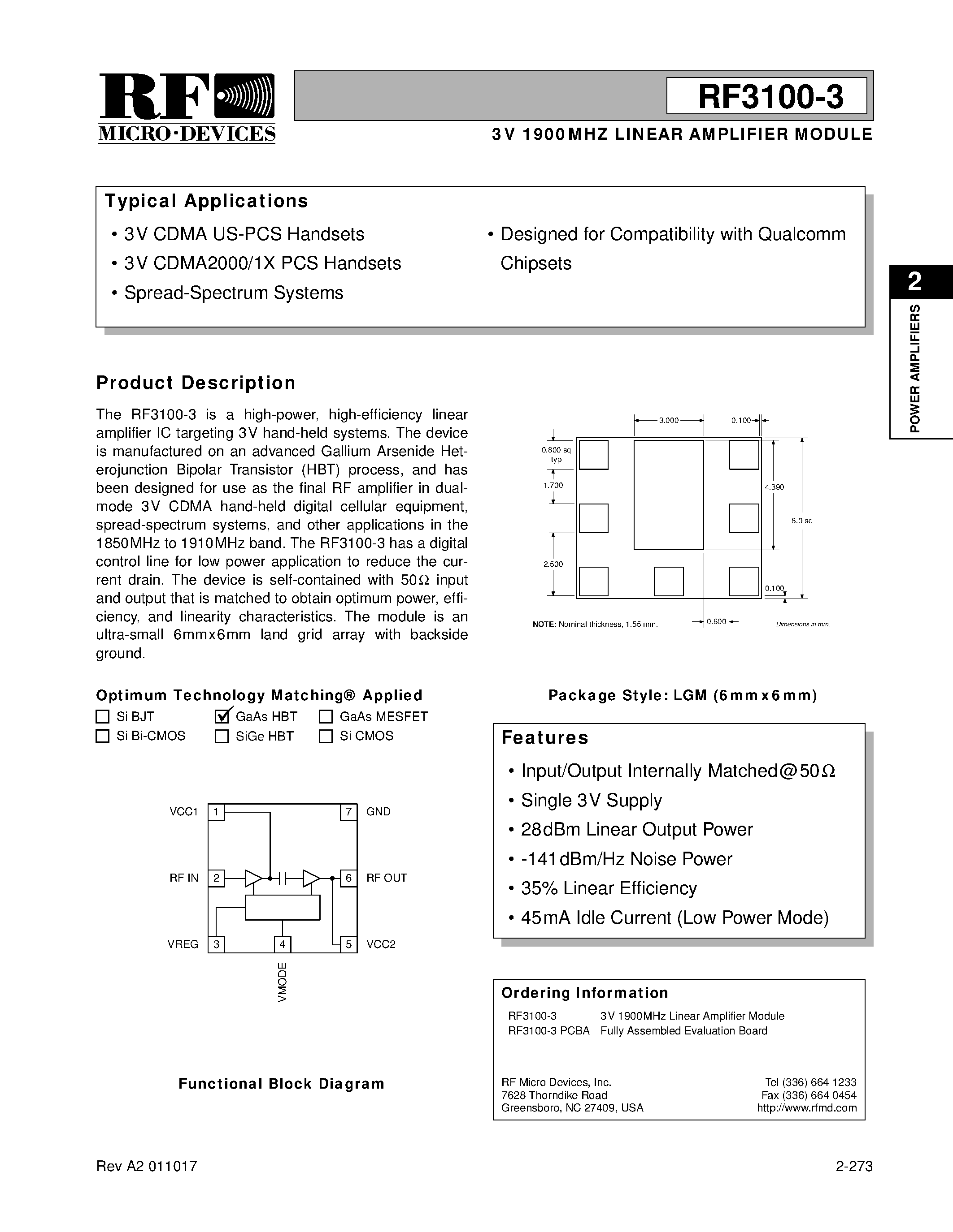 Datasheet RF3100-3 - 3V 1900MHZ LINEAR AMPLIFIER MODULE page 1
