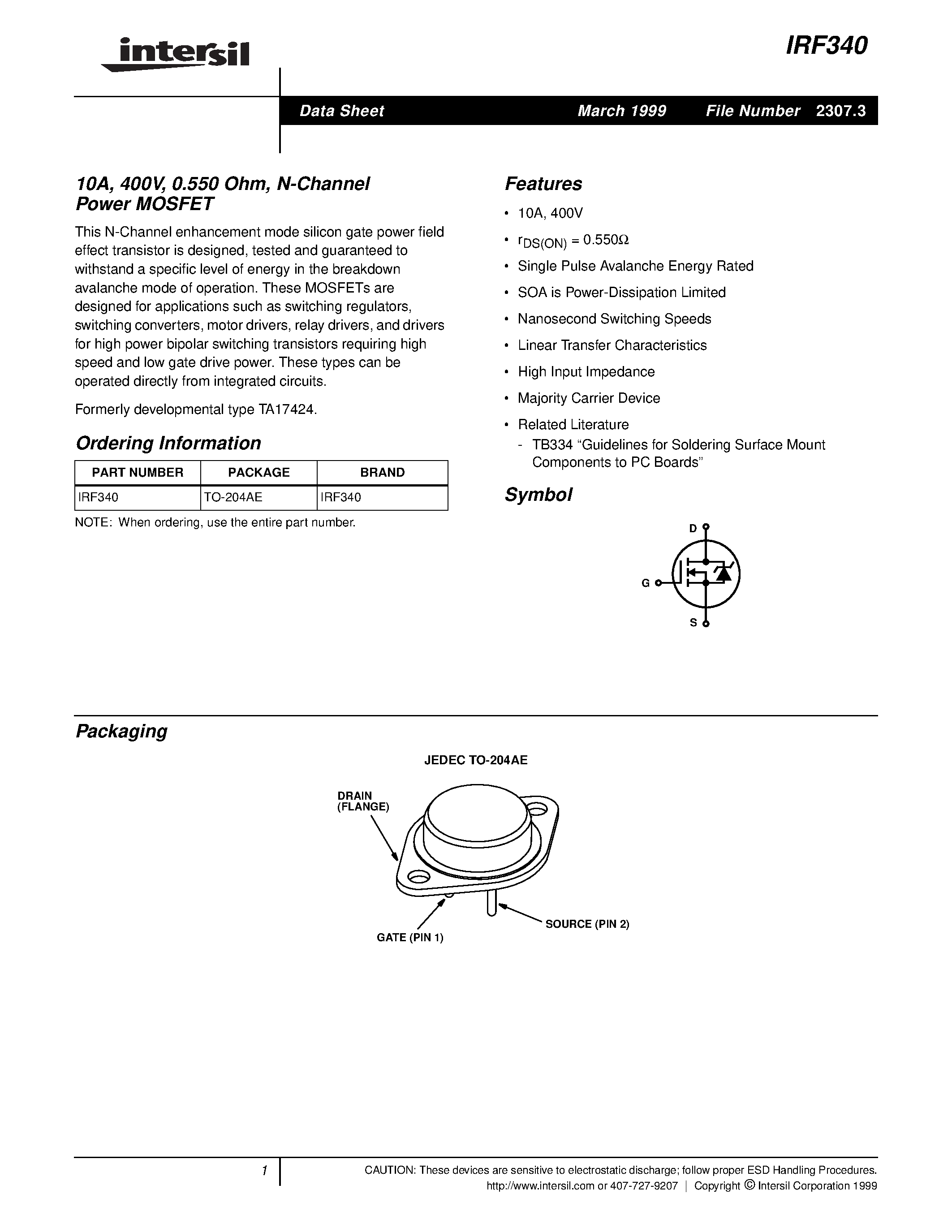 Datasheet RF340 - 10A/ 400V/ 0.550 Ohm/ N-Channel Power MOSFET page 1