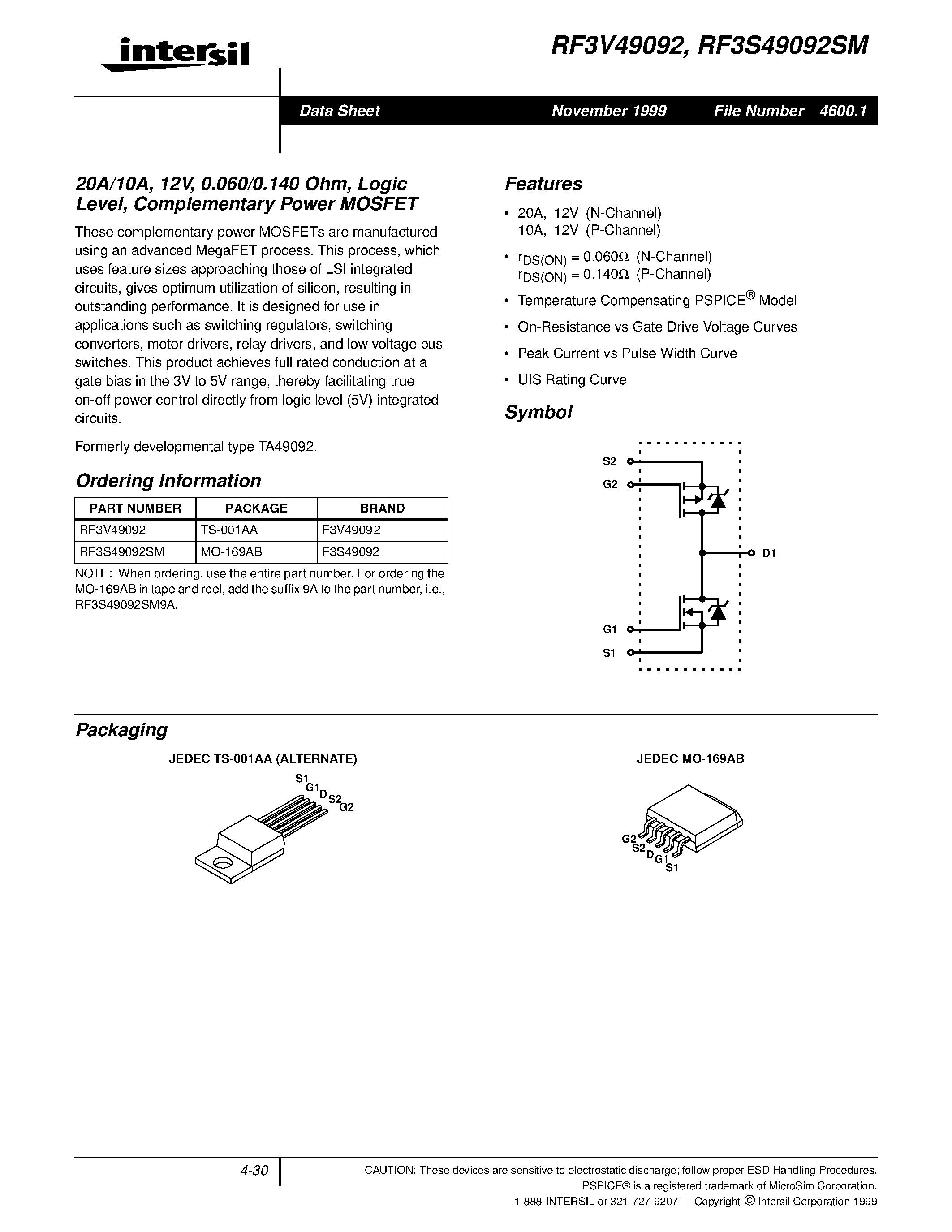 Datasheet RF3V49092 - 20A/10A/ 12V/ 0.060/0.140 Ohm/ Logic Level/ Complementary Power MOSFET page 1