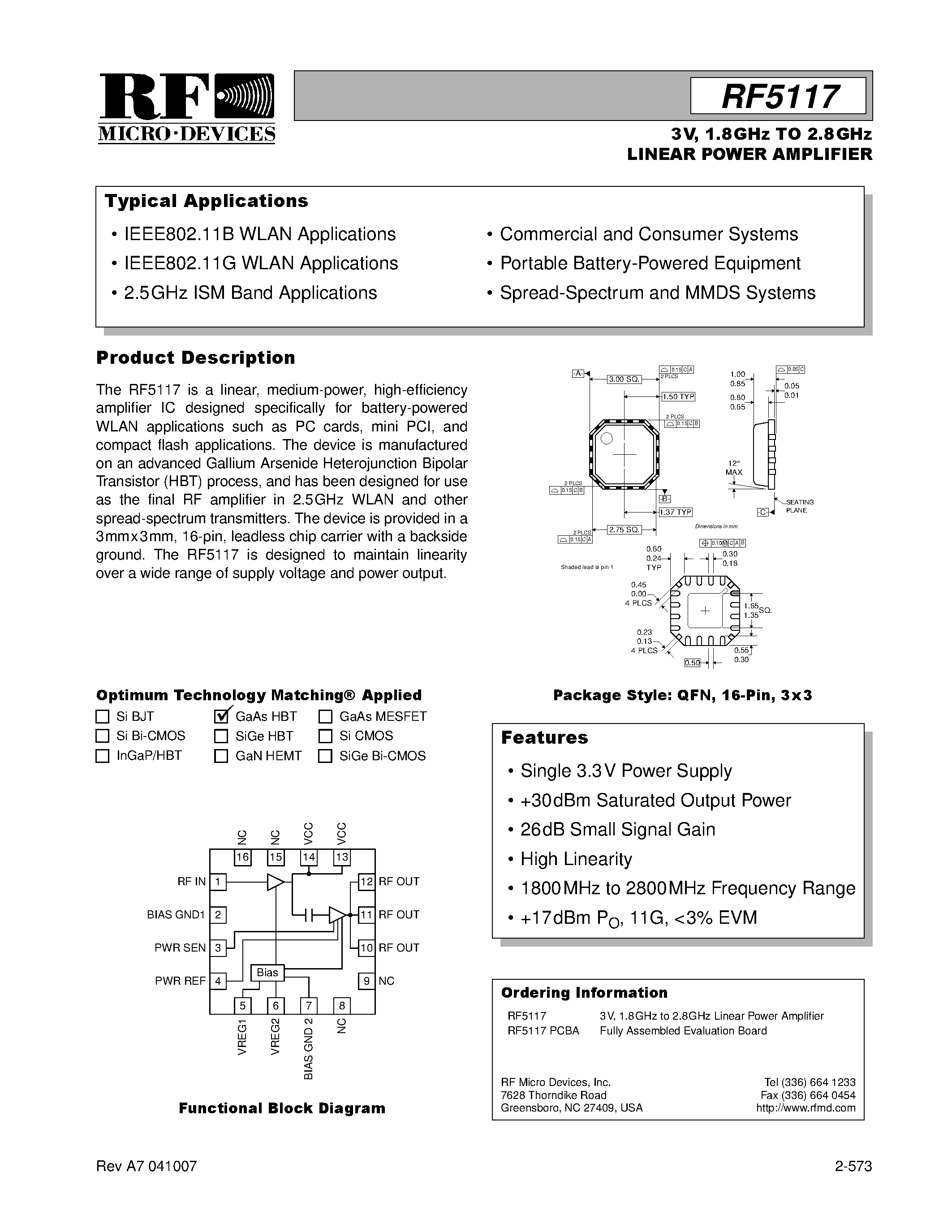 Datasheet RF5117PCBA page 1 Datasheet RF5117PCBA - 3V/ 1.8GHz TO 2.8GHz LINEAR POWER AMPLIFIER page 1