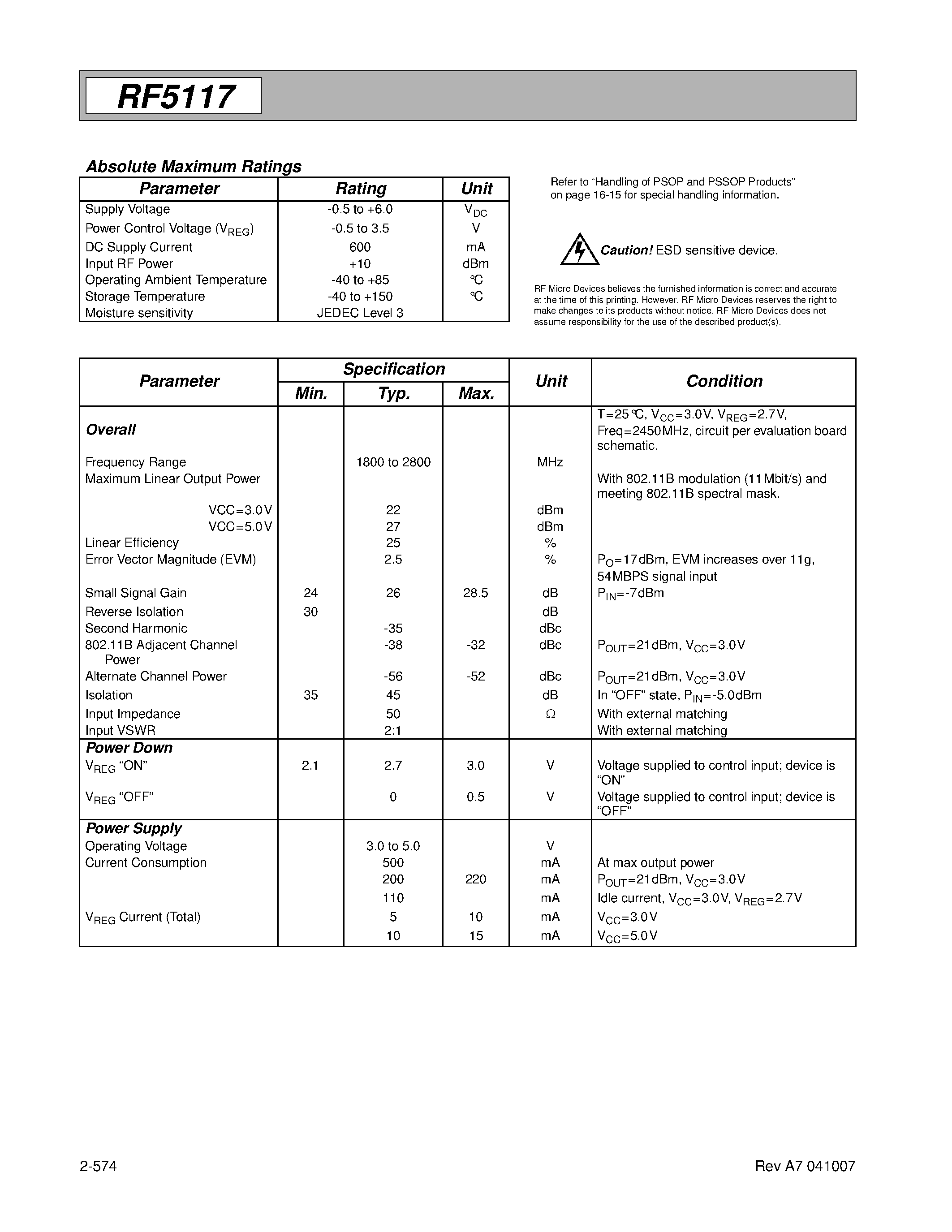 Datasheet RF5117PCBA page 2 Datasheet RF5117PCBA - 3V/ 1.8GHz TO 2.8GHz LINEAR POWER AMPLIFIER page 2