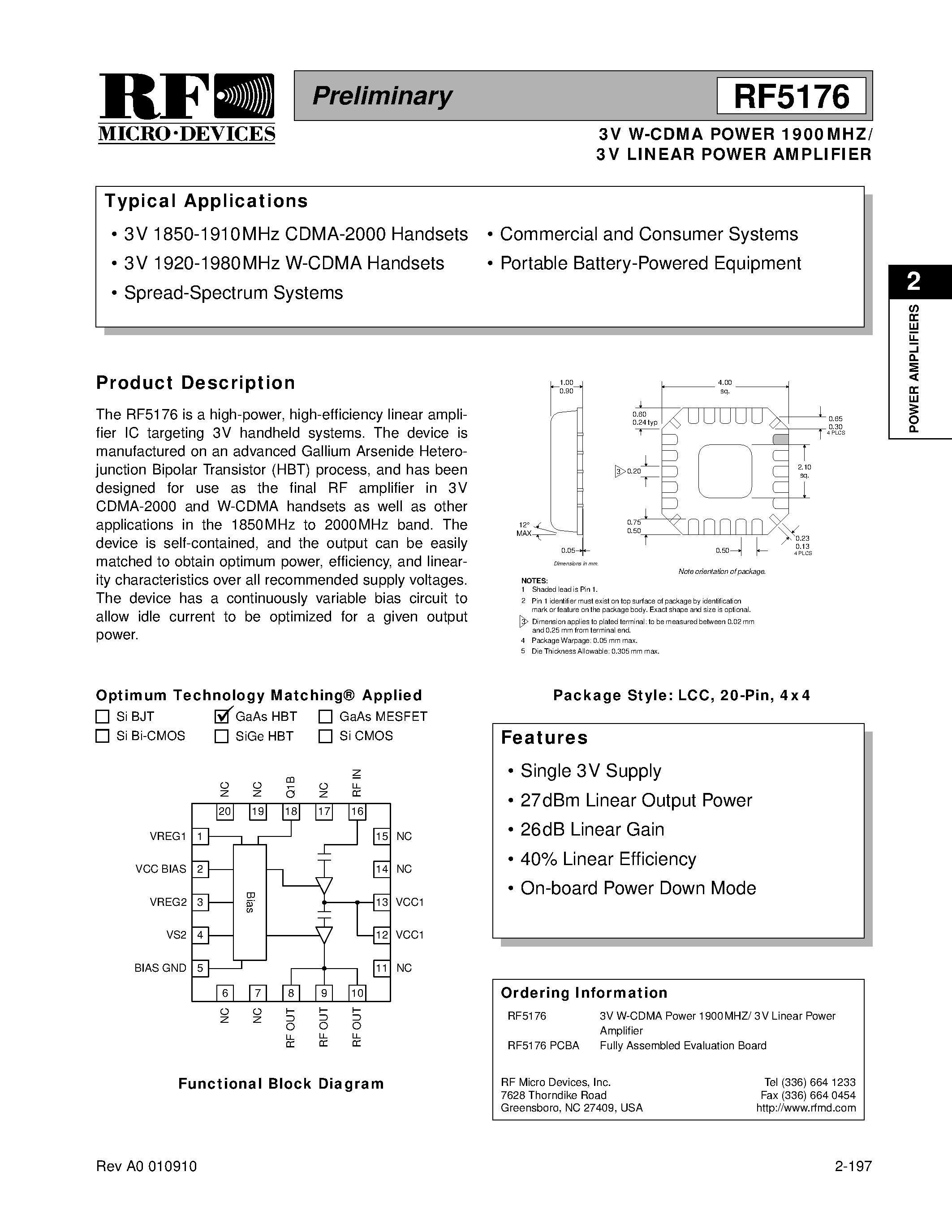 Даташит RF5176 - 3V W-CDMA POWER 1900MHZ/ 3V LINEAR POWER AMPLIFIER страница 1