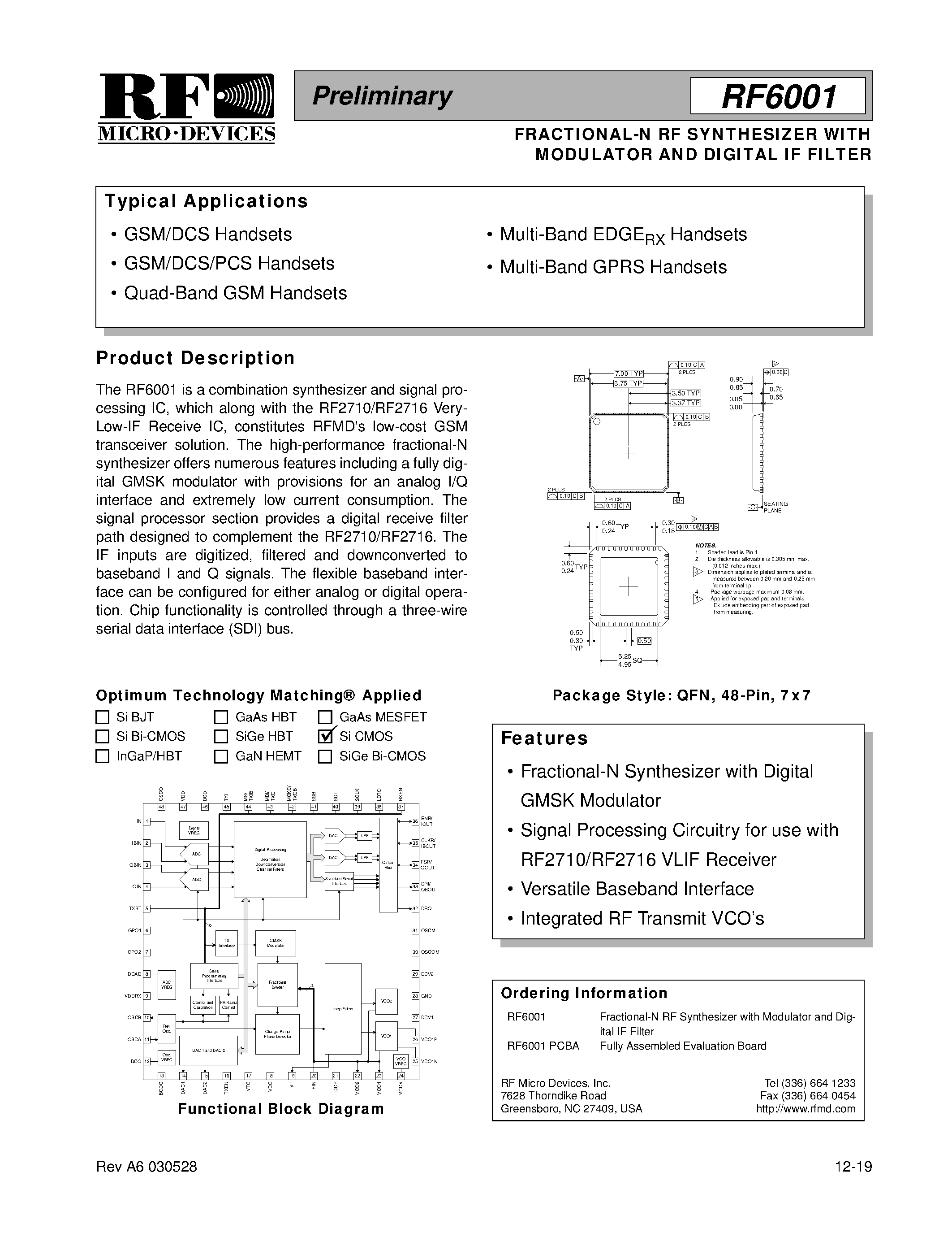 Datasheet RF6001 - FRACTIONAL-N RF SYNTHESIZER WITH MODULATOR AND DIGITAL IF FILTER page 1