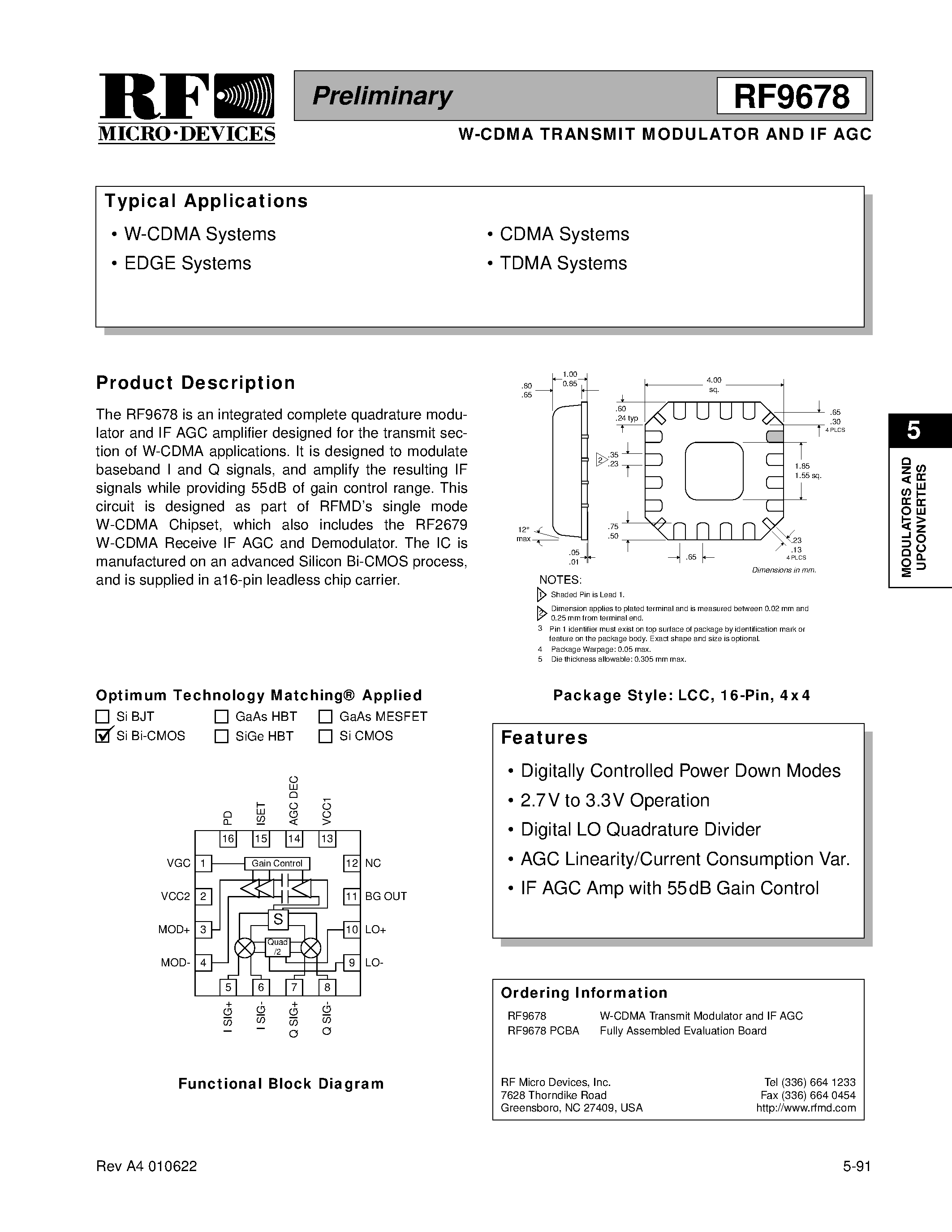Даташит RF9678 - W-CDMA TRANSMIT MODULATOR AND IF AGC страница 1