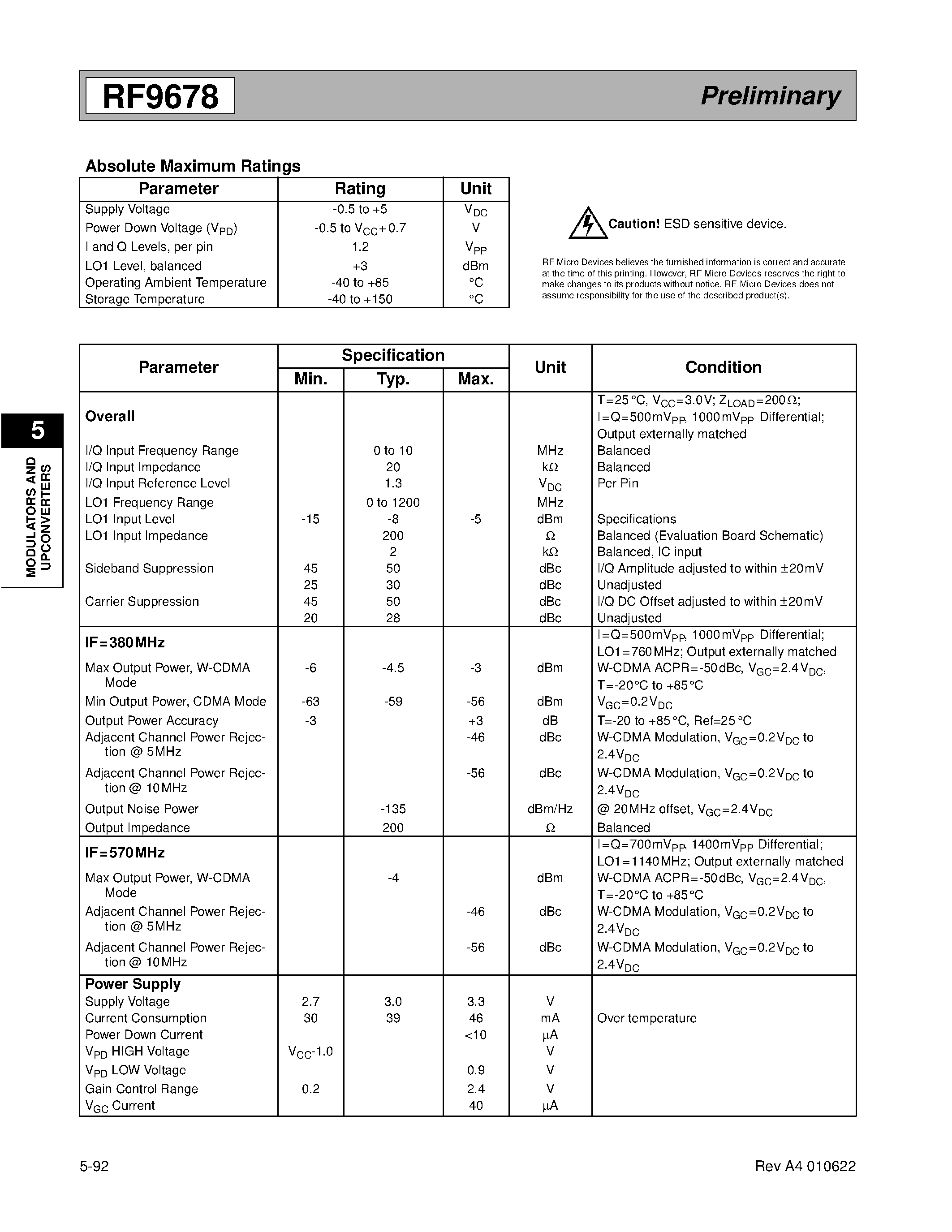 Даташит RF9678 - W-CDMA TRANSMIT MODULATOR AND IF AGC страница 2