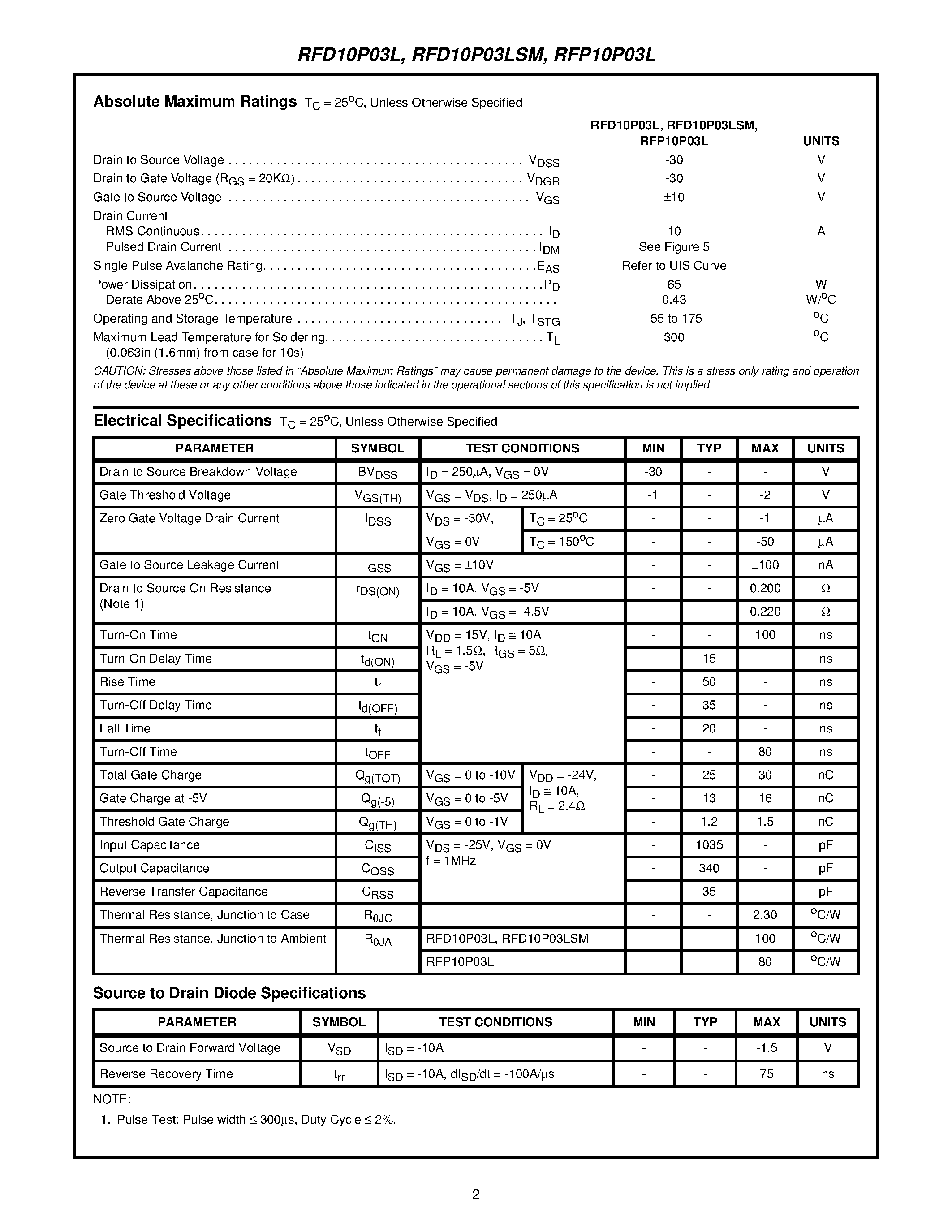 Даташит RFD10P03 - 10A/ 30V/ 0.200W/ Logic Level P-Channel Power MOSFET страница 2