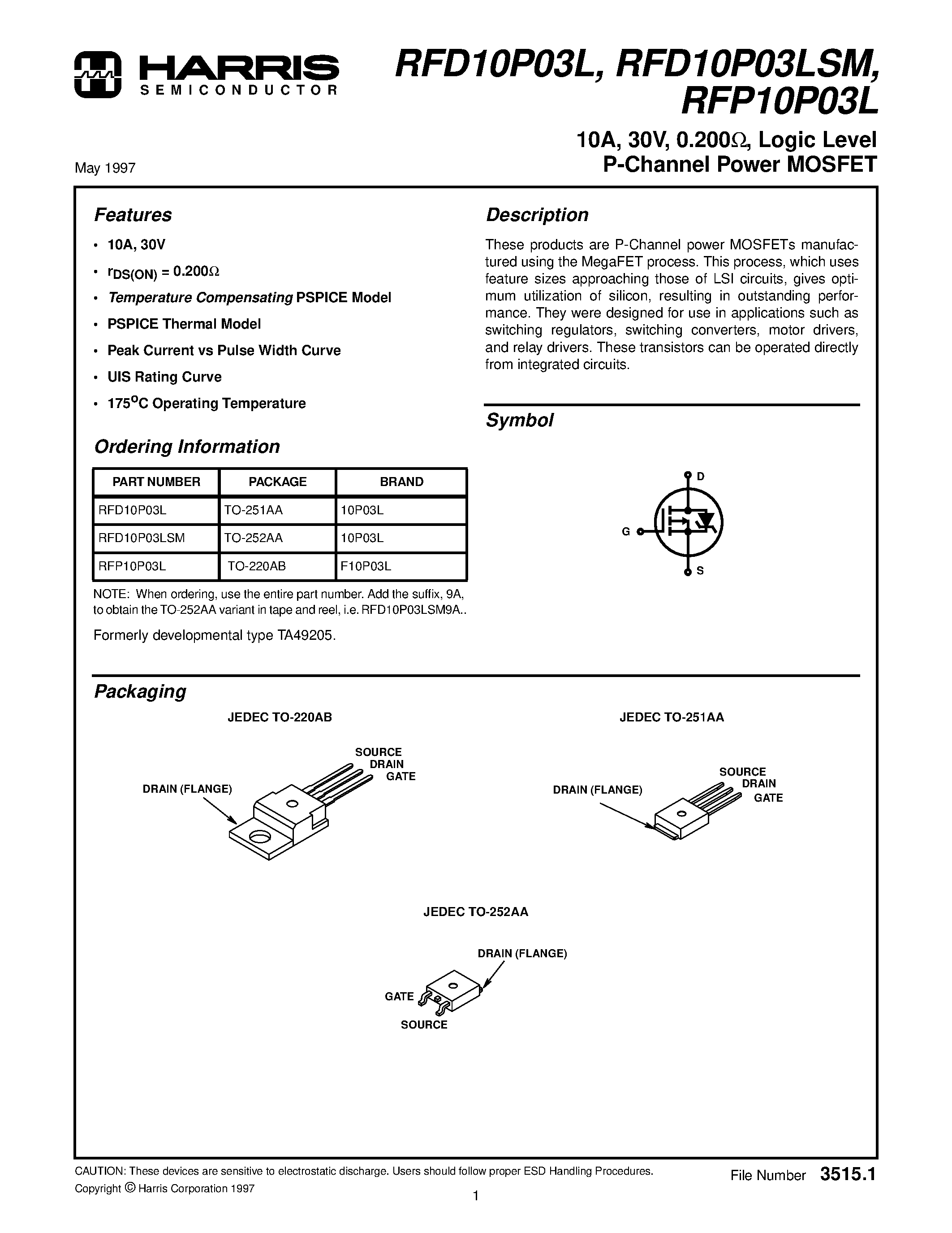 Даташит RFD10P03L - 10A/ 30V/ 0.200W/ Logic Level P-Channel Power MOSFET страница 1