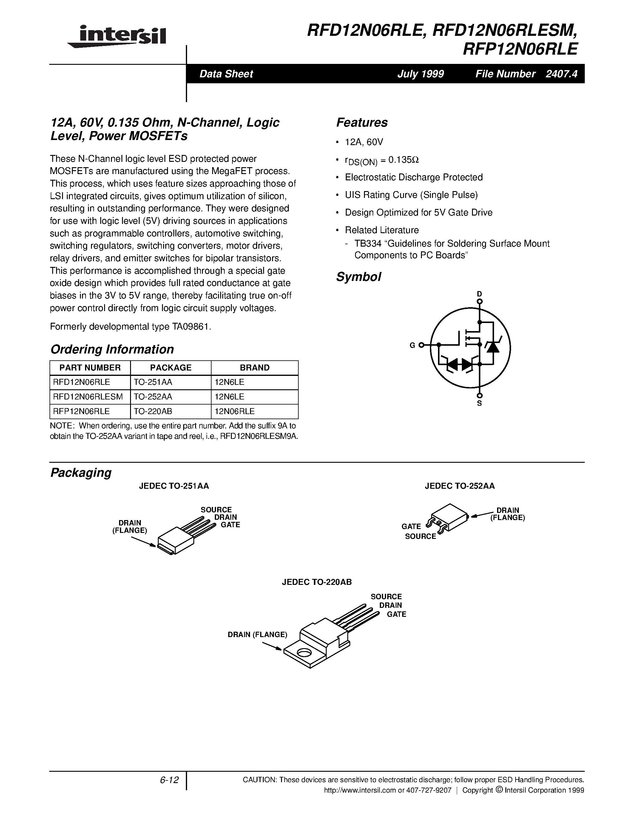 Datasheet RFD12N06RLE - 12A/ 60V/ 0.135 Ohm/ N-Channel/ Logic Level/ Power MOSFETs page 1