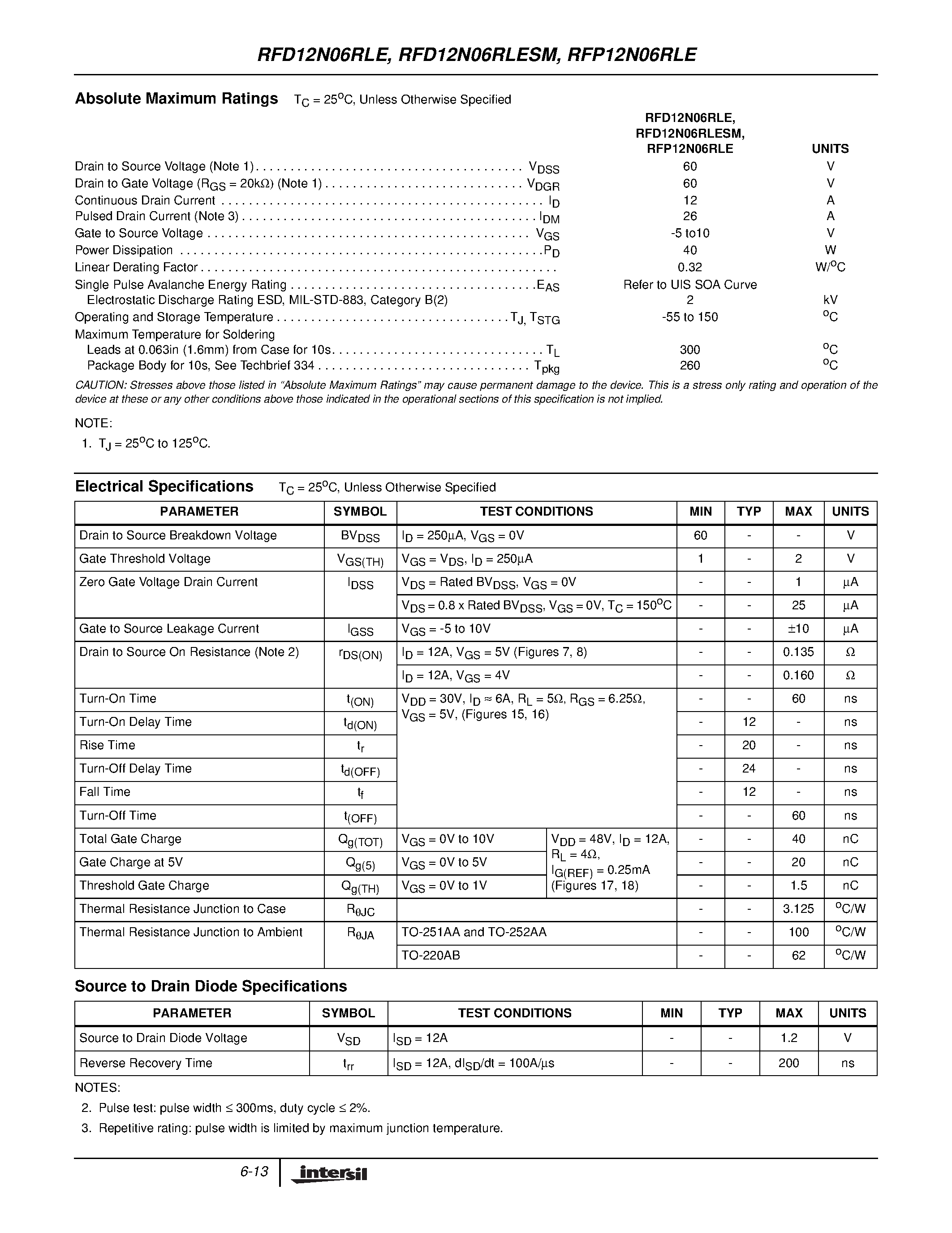 Datasheet RFD12N06RLESM - 12A/ 60V/ 0.135 Ohm/ N-Channel/ Logic Level/ Power MOSFETs page 2