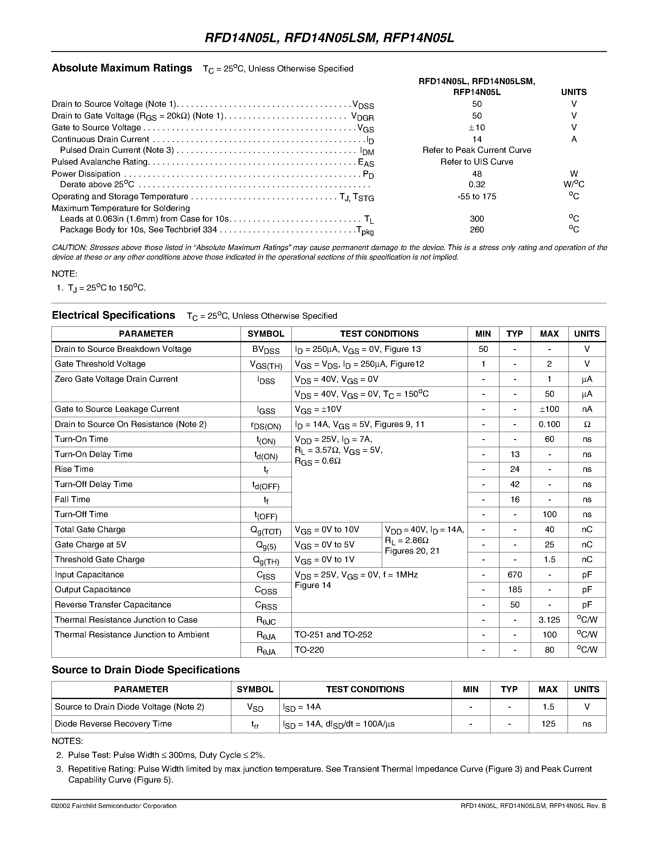 Datasheet RFD14N05LSM - 14A/ 50V/ 0.100 Ohm/ Logic Level/ N-Channel Power MOSFETs page 2