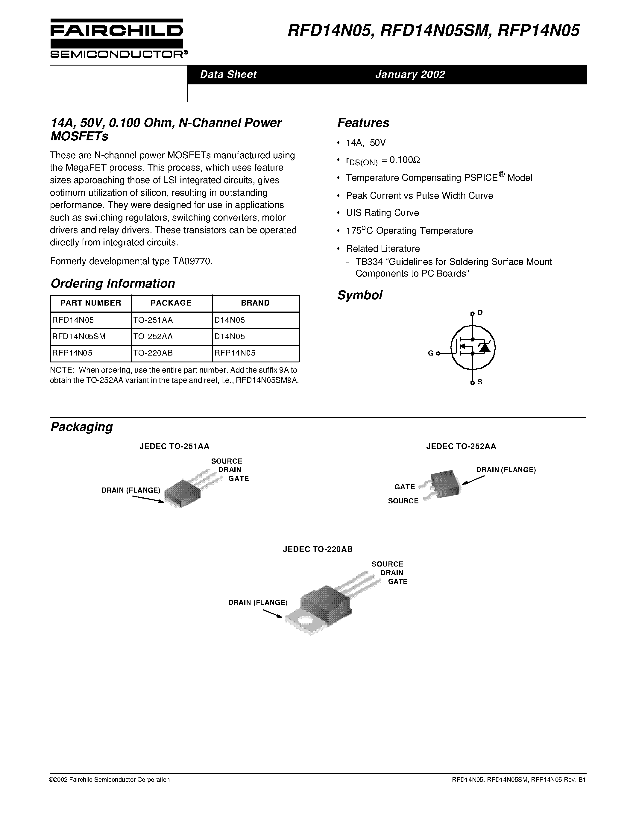 Datasheet RFD14N05SM - 14A/ 50V/ 0.100 Ohm/ N-Channel Power MOSFETs page 1