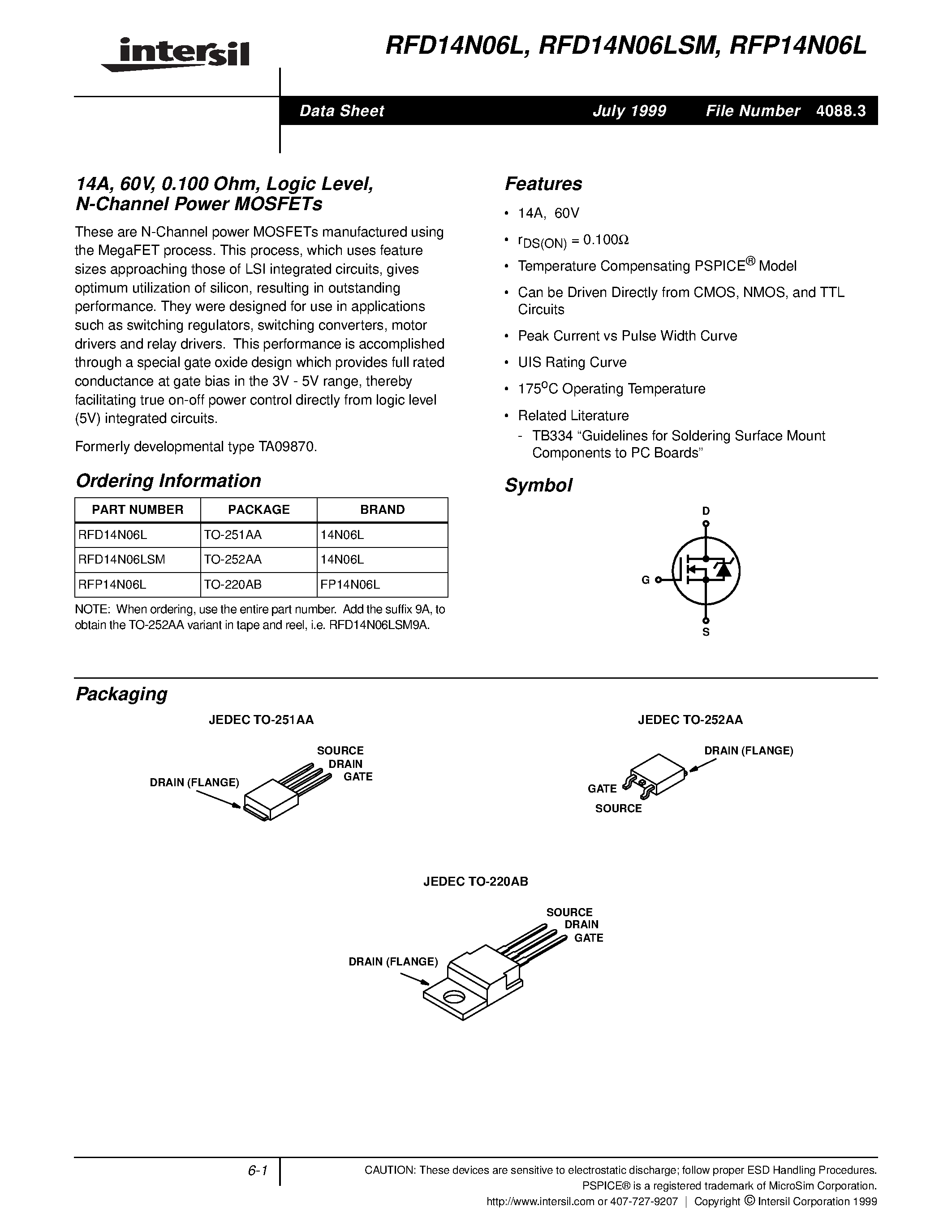 Datasheet RFD14N06LSM page 1 Datasheet RFD14N06LSM - 14A/ 60V/ 0.100 Ohm/ Logic Level/ N-Channel Power MOSFETs page 1