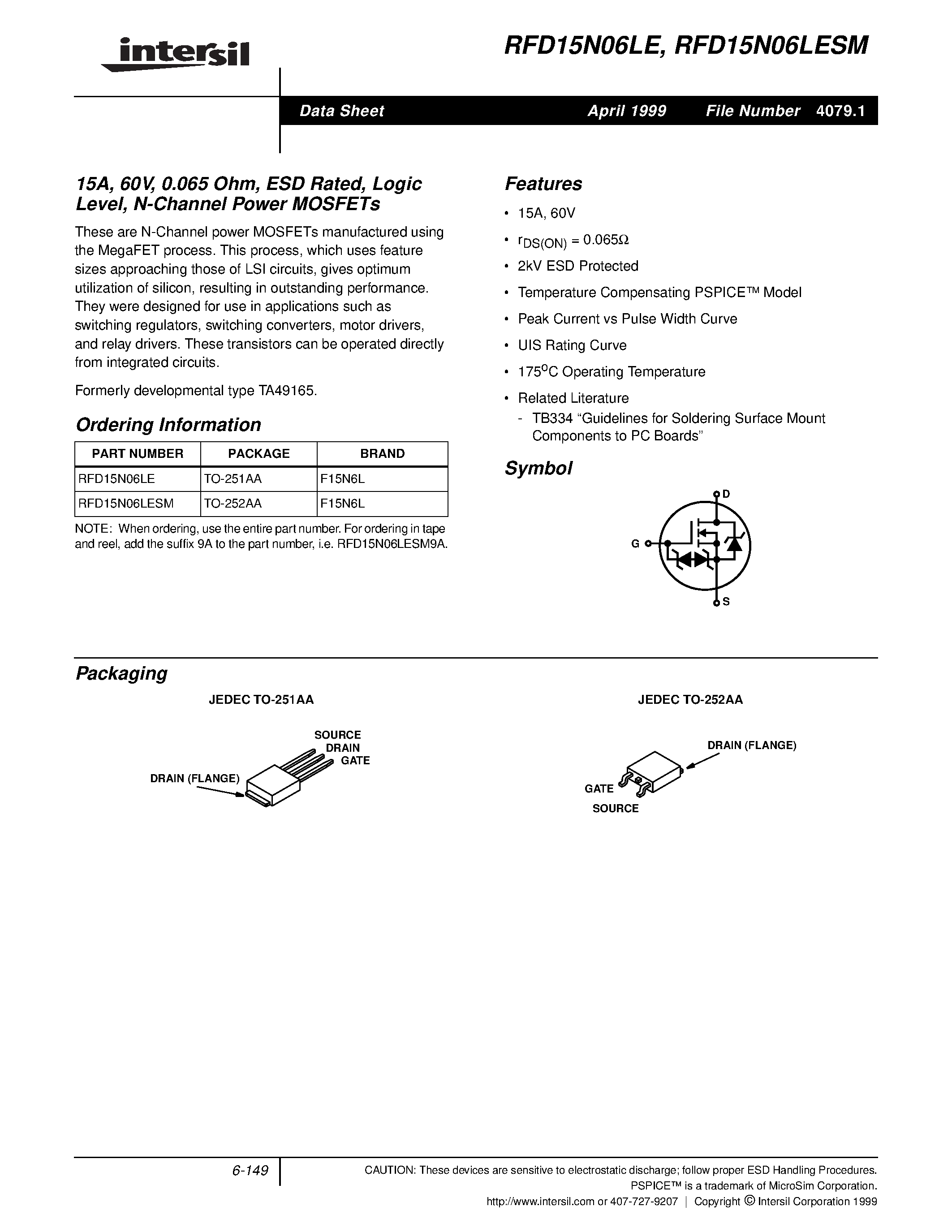 Datasheet RFD15N06LESM - 15A/ 60V/ 0.065 Ohm/ ESD Rated/ Logic Level/ N-Channel Power MOSFETs page 1