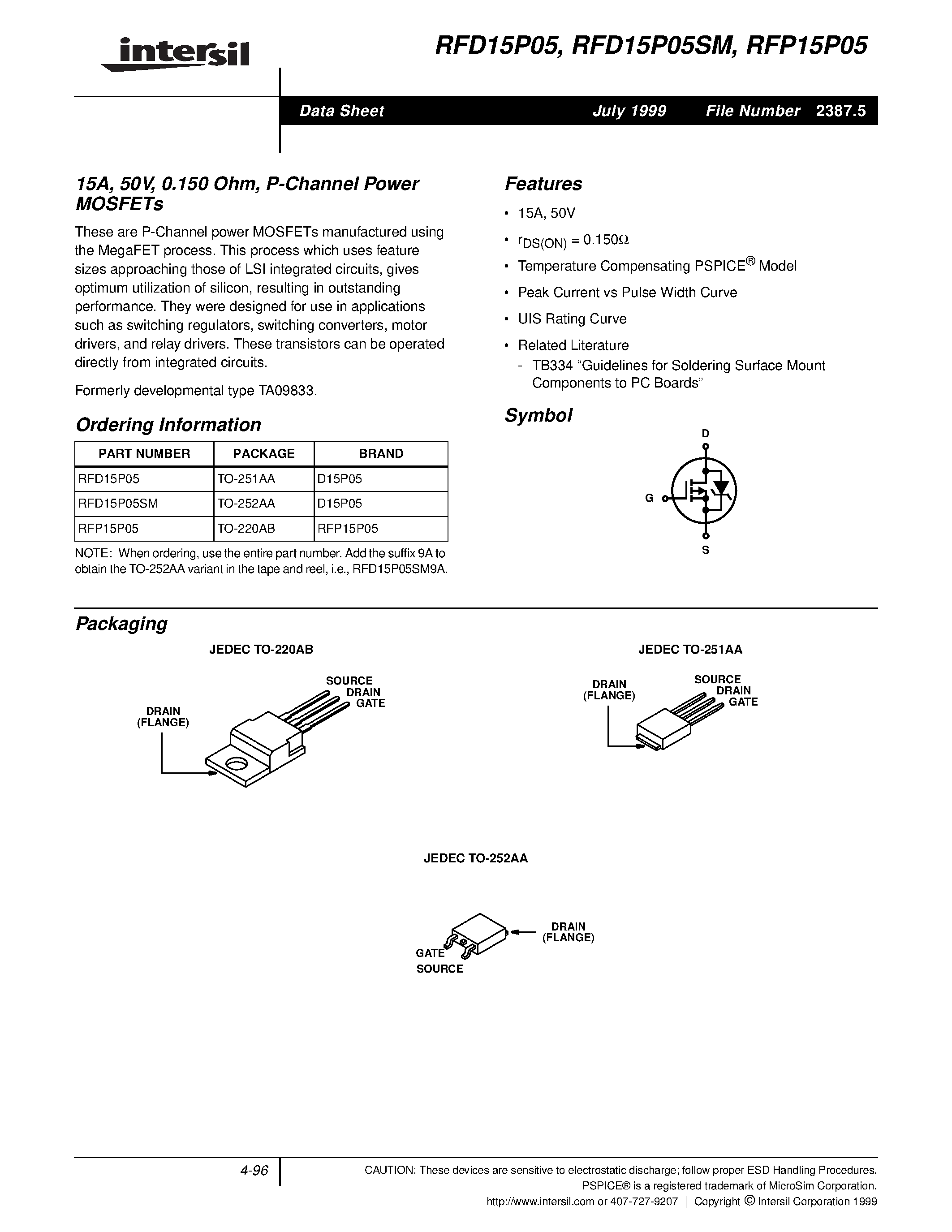 Даташит RFD15P05SM - 15A/ 50V/ 0.150 Ohm/ P-Channel Power MOSFETs страница 1