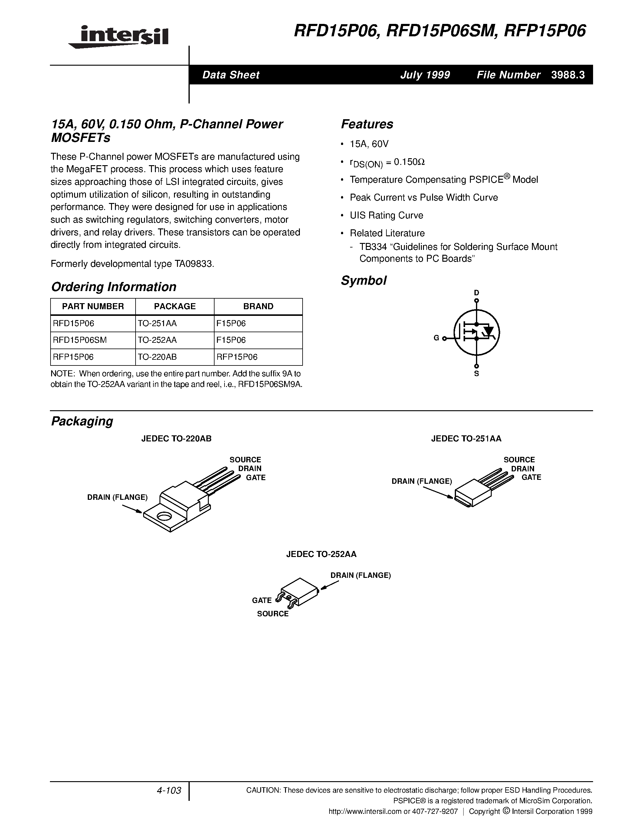 Даташит RFD15P06 - 15A/ 60V/ 0.150 Ohm/ P-Channel Power MOSFETs страница 1