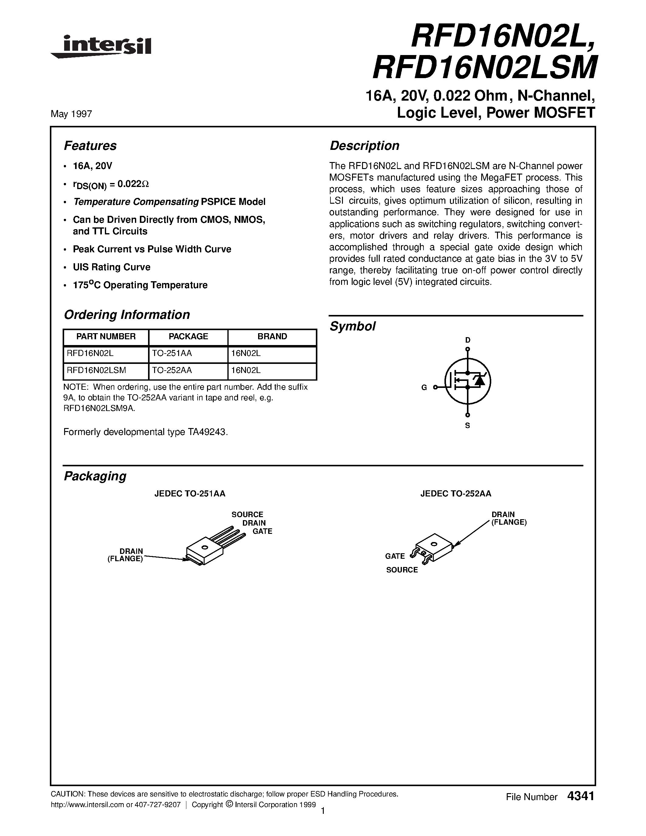 Datasheet RFD16N02LSM - 16A/ 20V/ 0.022 Ohm/ N-Channel/ Logic Level/ Power MOSFET page 1