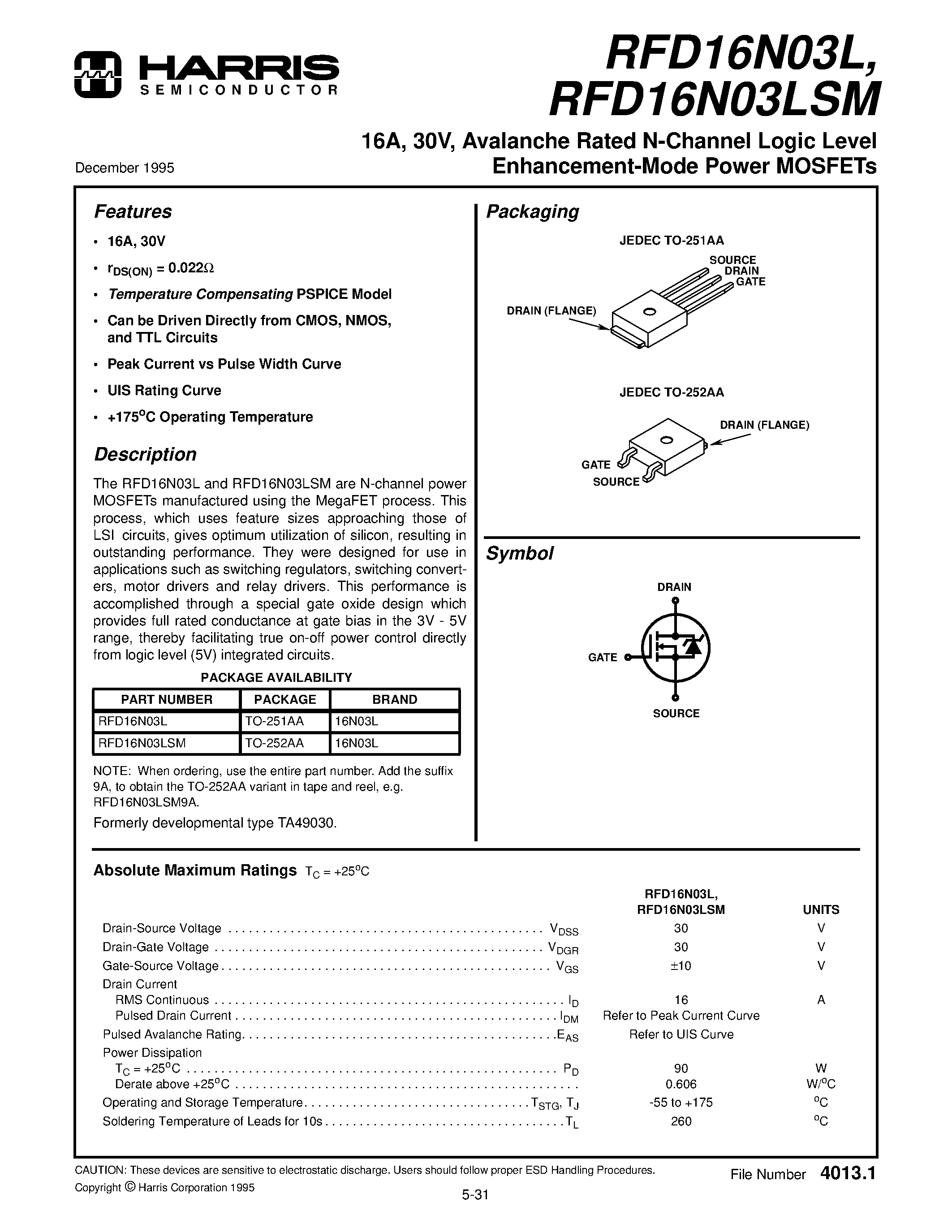 Datasheet RFD16N03L page 1 Datasheet RFD16N03L - 16A/ 30V/ Avalanche Rated N-Channel Logic Level Enhancement-Mode Power MOSFETs page 1