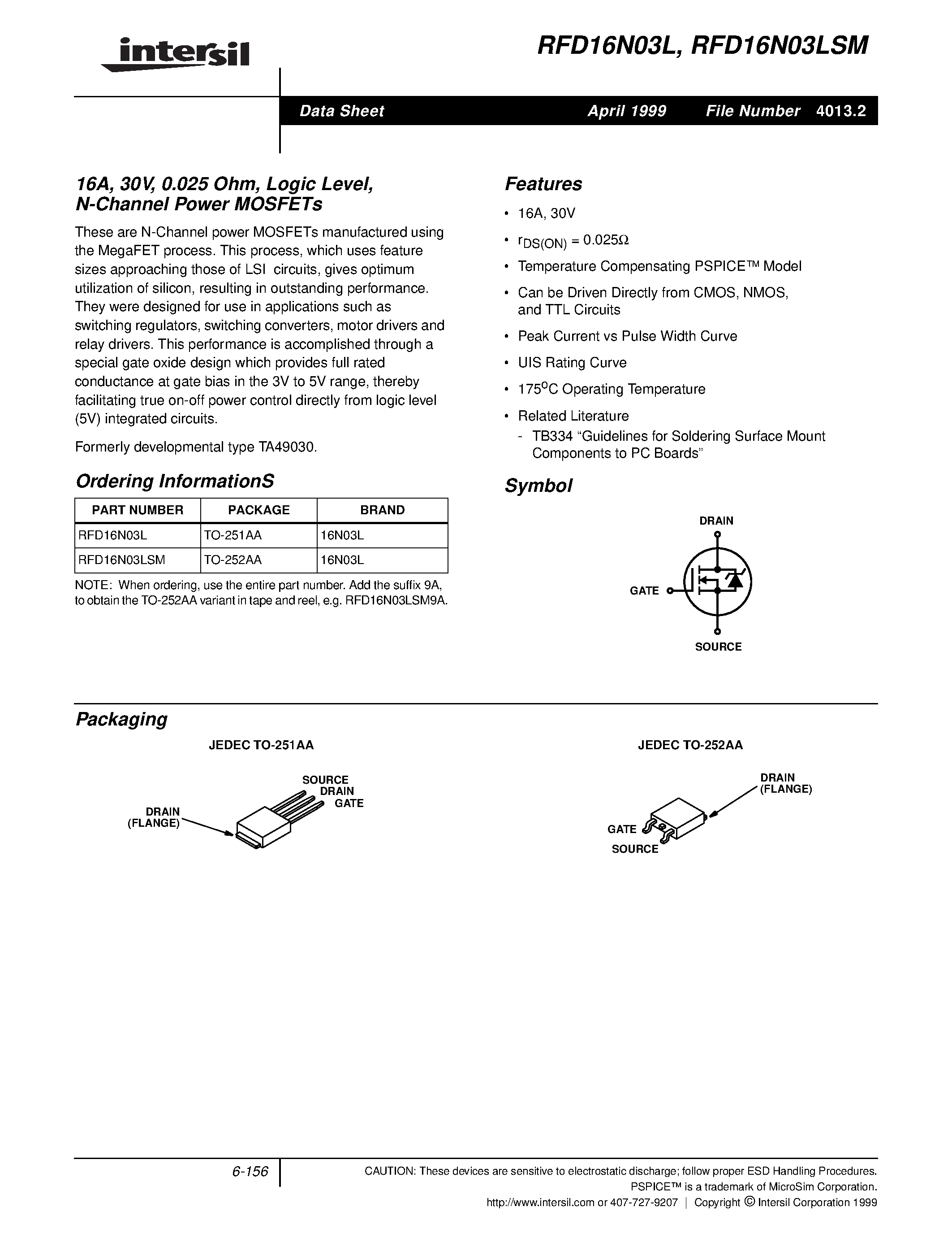 Datasheet RFD16N03LSM - 16A/ 30V/ 0.025 Ohm/ Logic Level/ N-Channel Power MOSFETs page 1