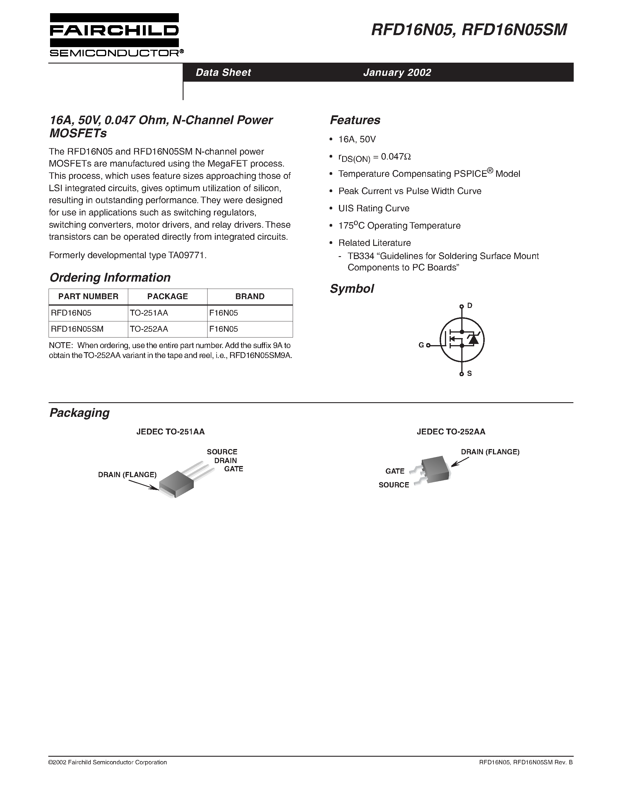 Datasheet RFD16N05 - 16A/ 50V/ 0.047 Ohm/ Logic Level/ N-Channel Power MOSFETs page 1