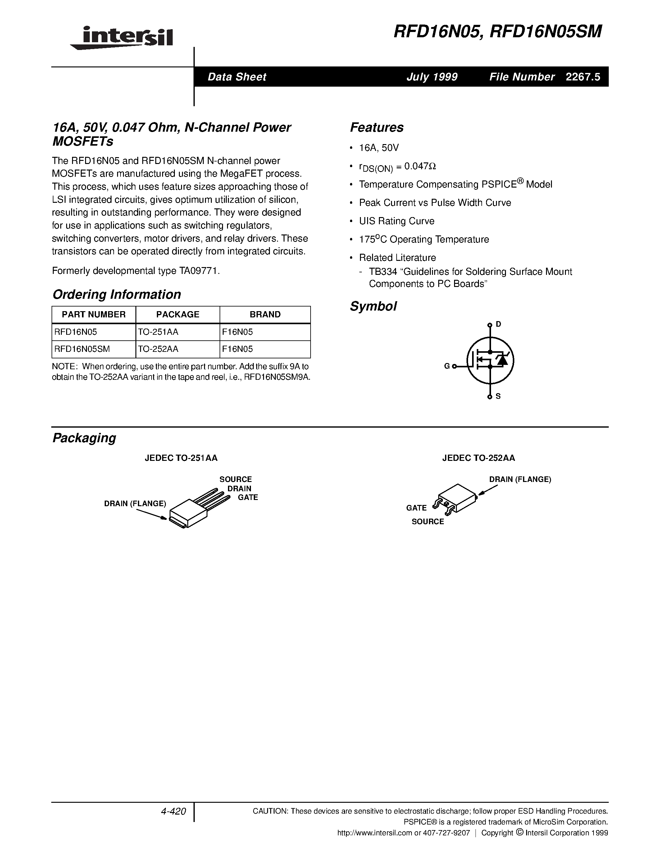 Datasheet RFD16N05 - 16A/ 50V/ 0.047 Ohm/ Logic Level/ N-Channel Power MOSFETs page 1
