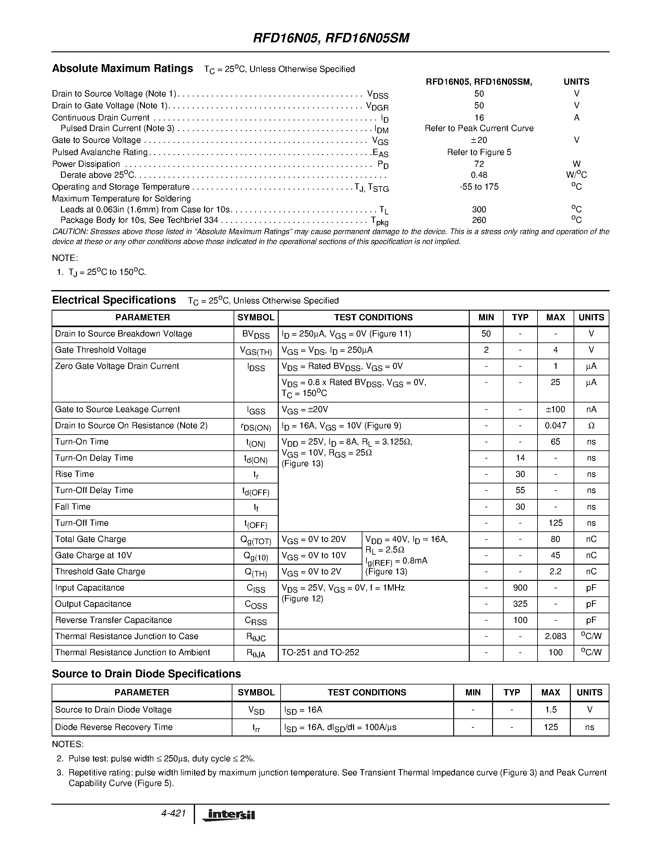 Datasheet RFD16N05 - 16A/ 50V/ 0.047 Ohm/ Logic Level/ N-Channel Power MOSFETs page 2