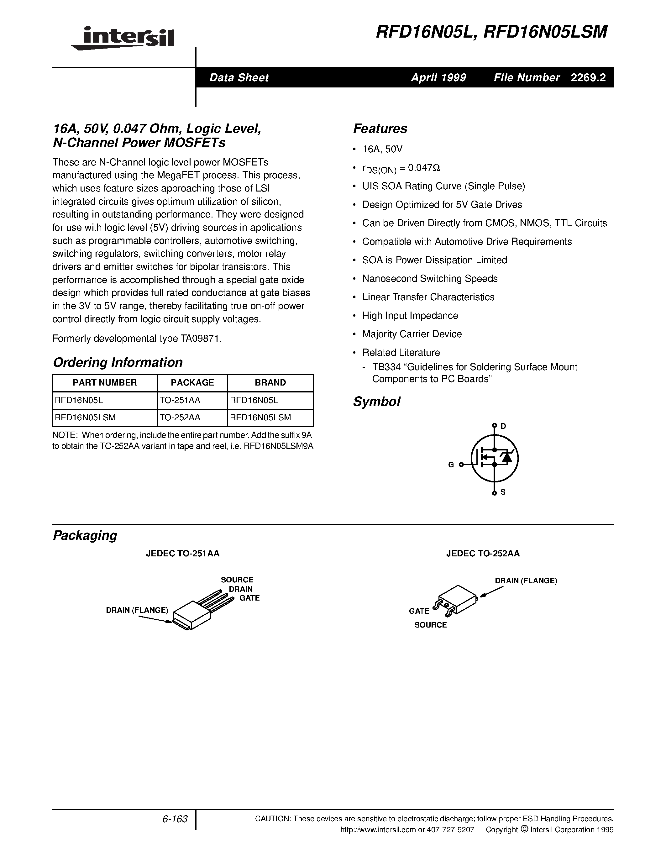 Datasheet RFD16N05LSM - 16A/ 50V/ 0.047 Ohm/ Logic Level/ N-Channel Power MOSFETs page 1