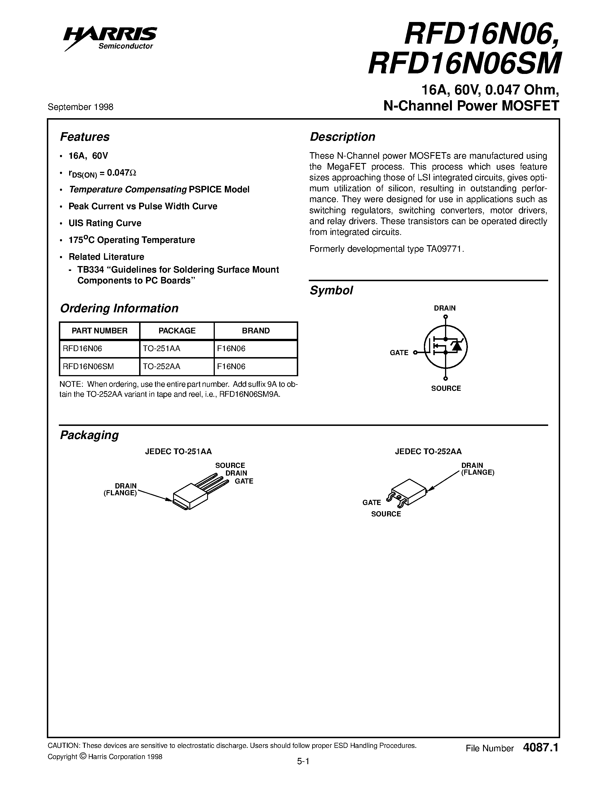 Datasheet RFD16N06 - 16A/ 60V/ 0.047 Ohm/ N-Channel Power MOSFET page 1
