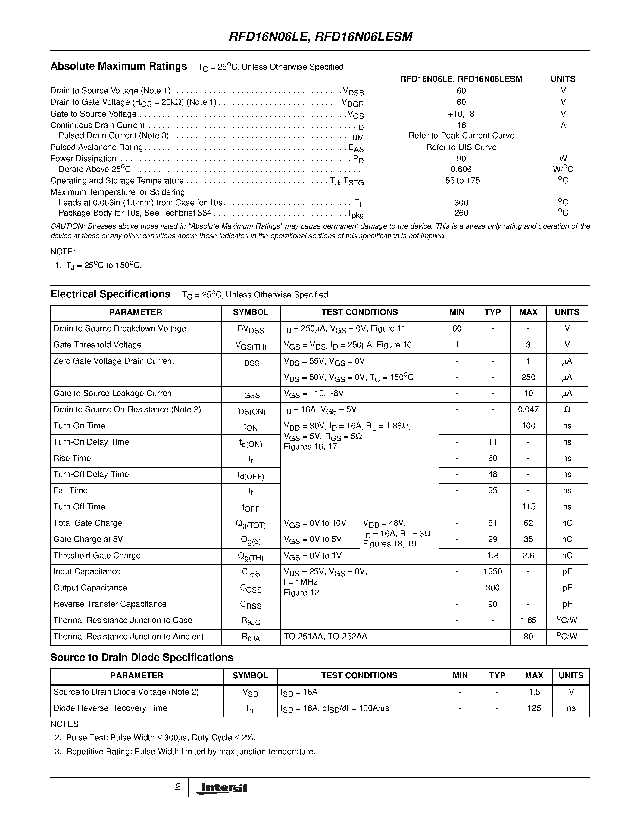 Datasheet RFD16N06LE - 16A/ 60V/ 0.047 Ohm/ Logic Level/ N-Channel Power MOSFETs page 2